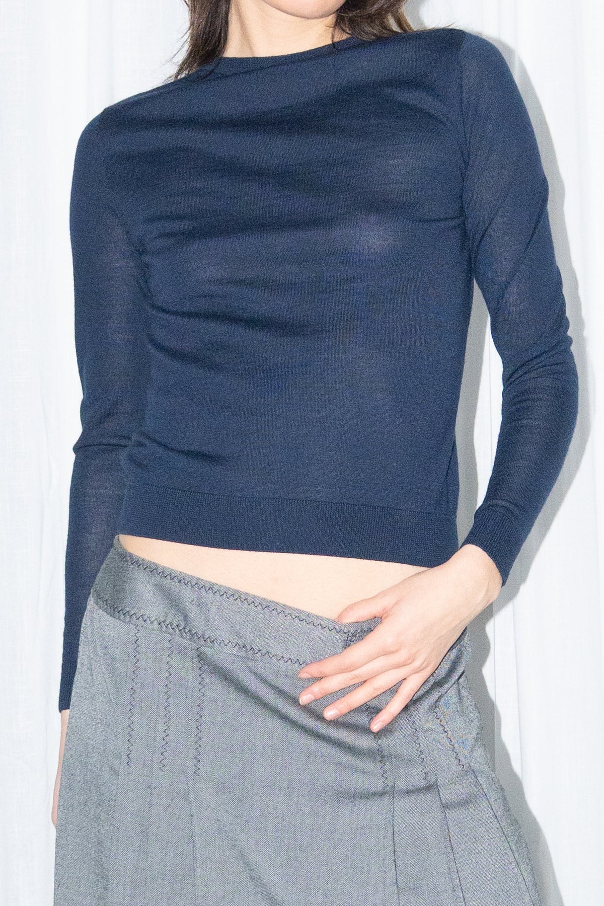 Navy Fine Knit Long-Sleeve Top