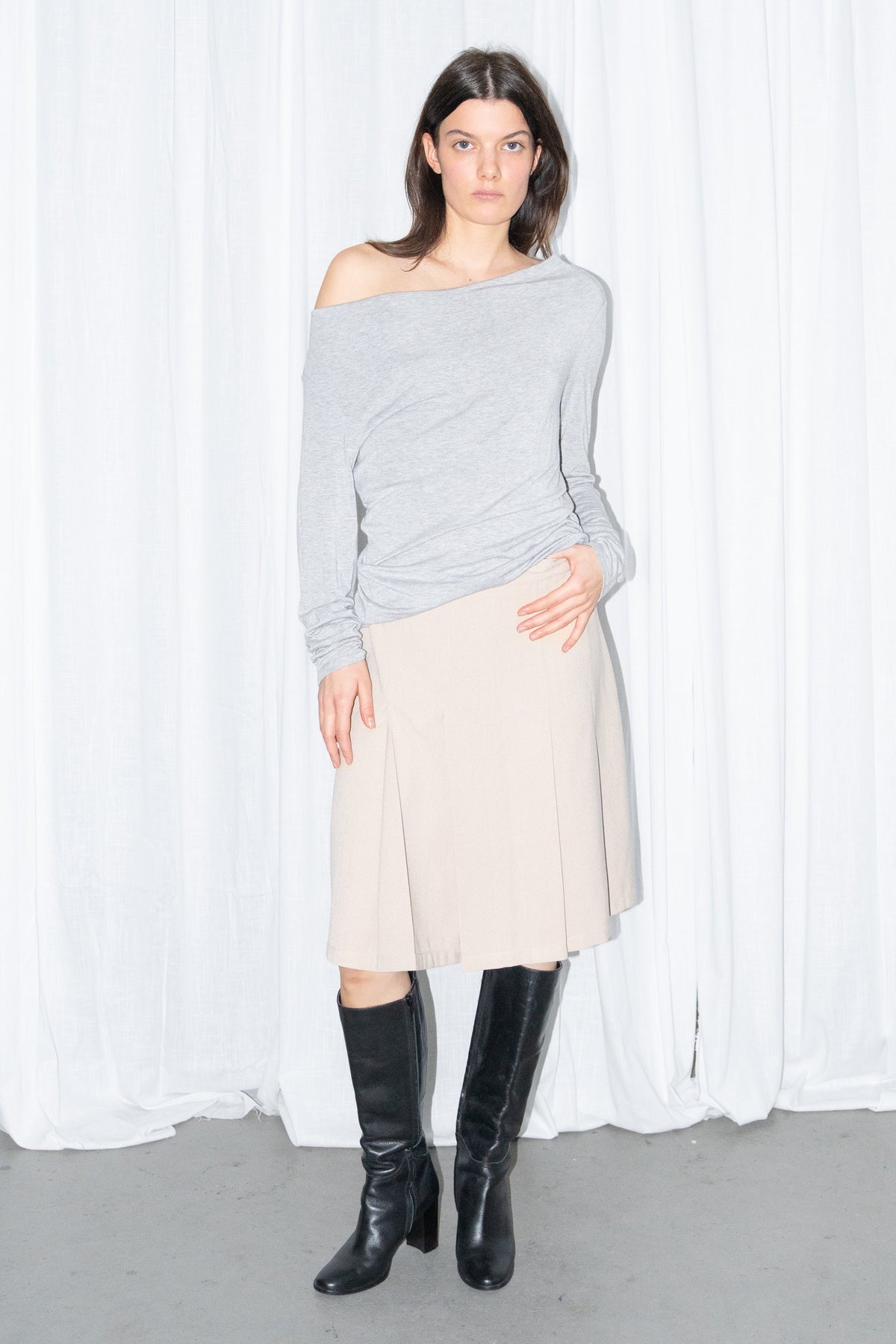 Light Grey Off-Shoulder Draped Long-Sleeve Top
