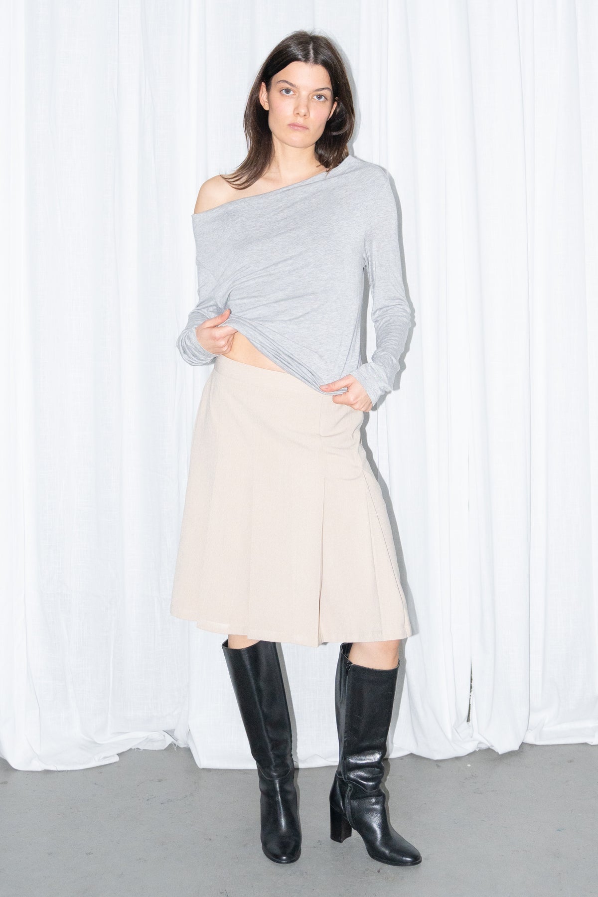 Light Grey Off-Shoulder Draped Long-Sleeve Top
