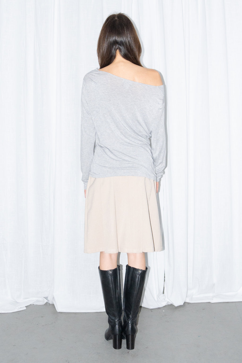 Light Grey Off-Shoulder Draped Long-Sleeve Top