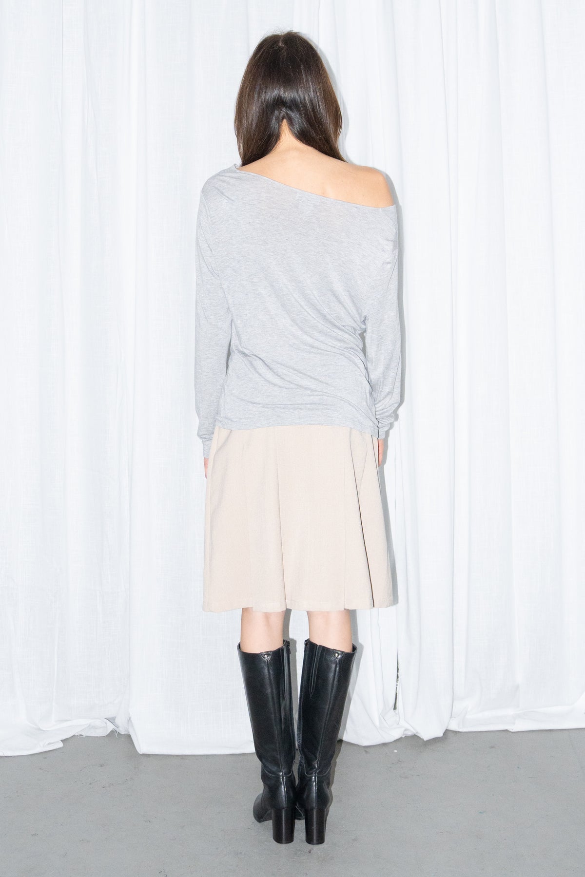 Light Grey Off-Shoulder Draped Long-Sleeve Top