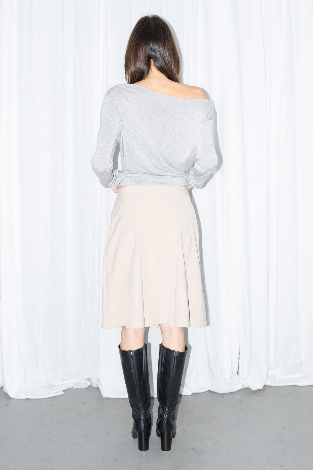 Light Grey Off-Shoulder Draped Long-Sleeve Top