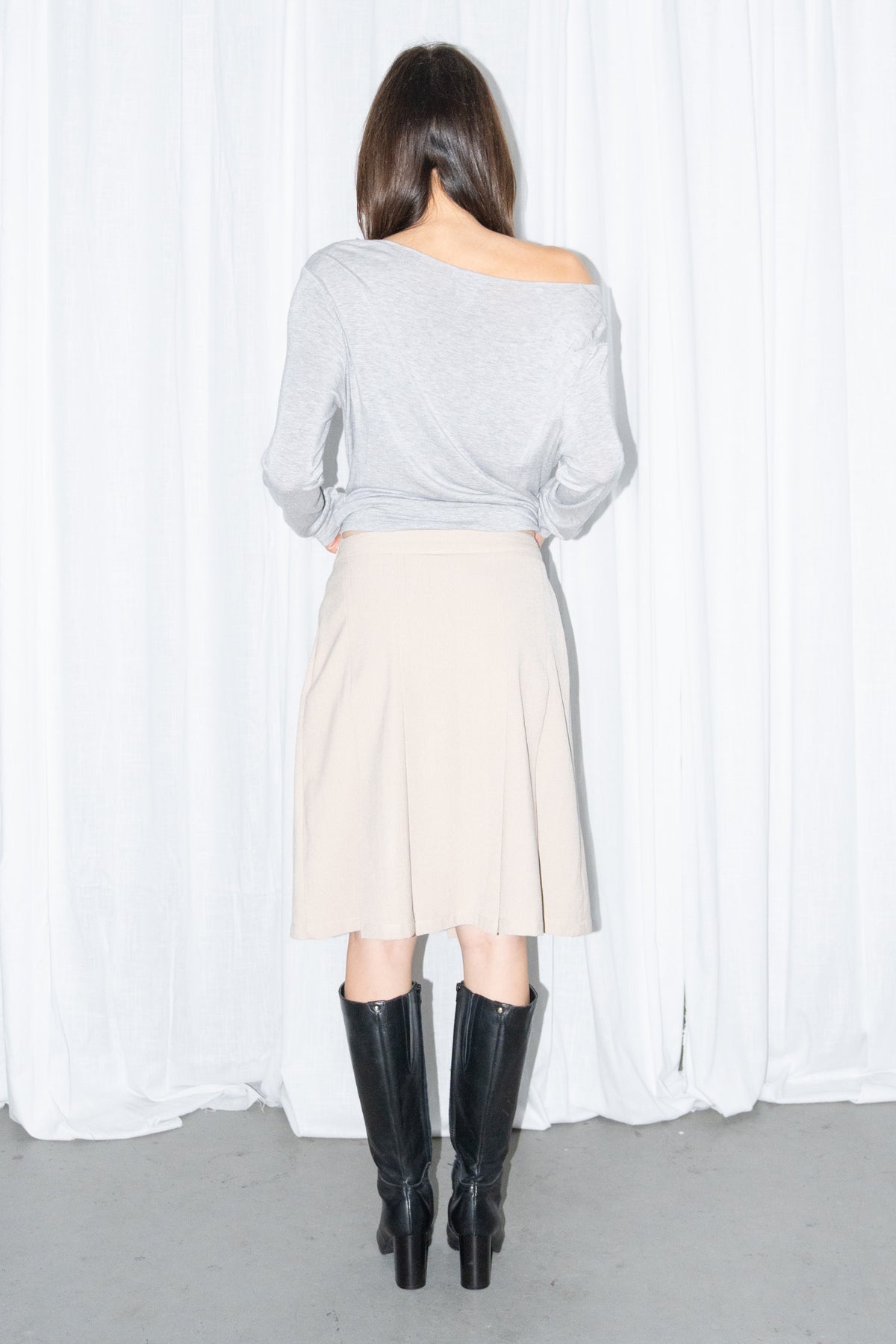 Light Grey Off-Shoulder Draped Long-Sleeve Top