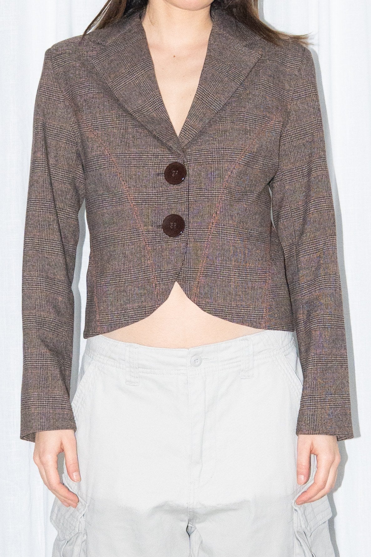 Brown Plaid Cropped Blazer