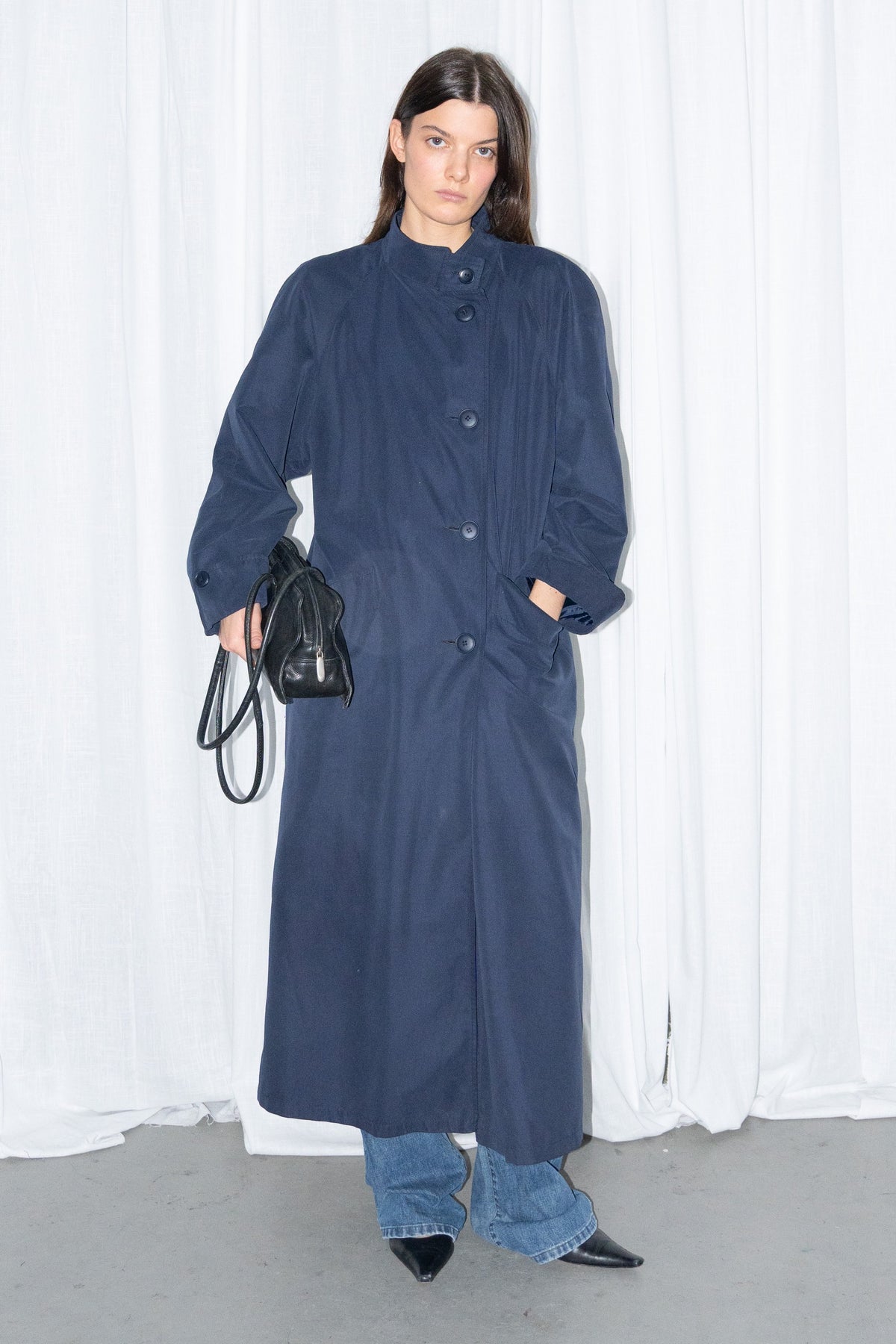 Navy Long Coat with Stand Collar