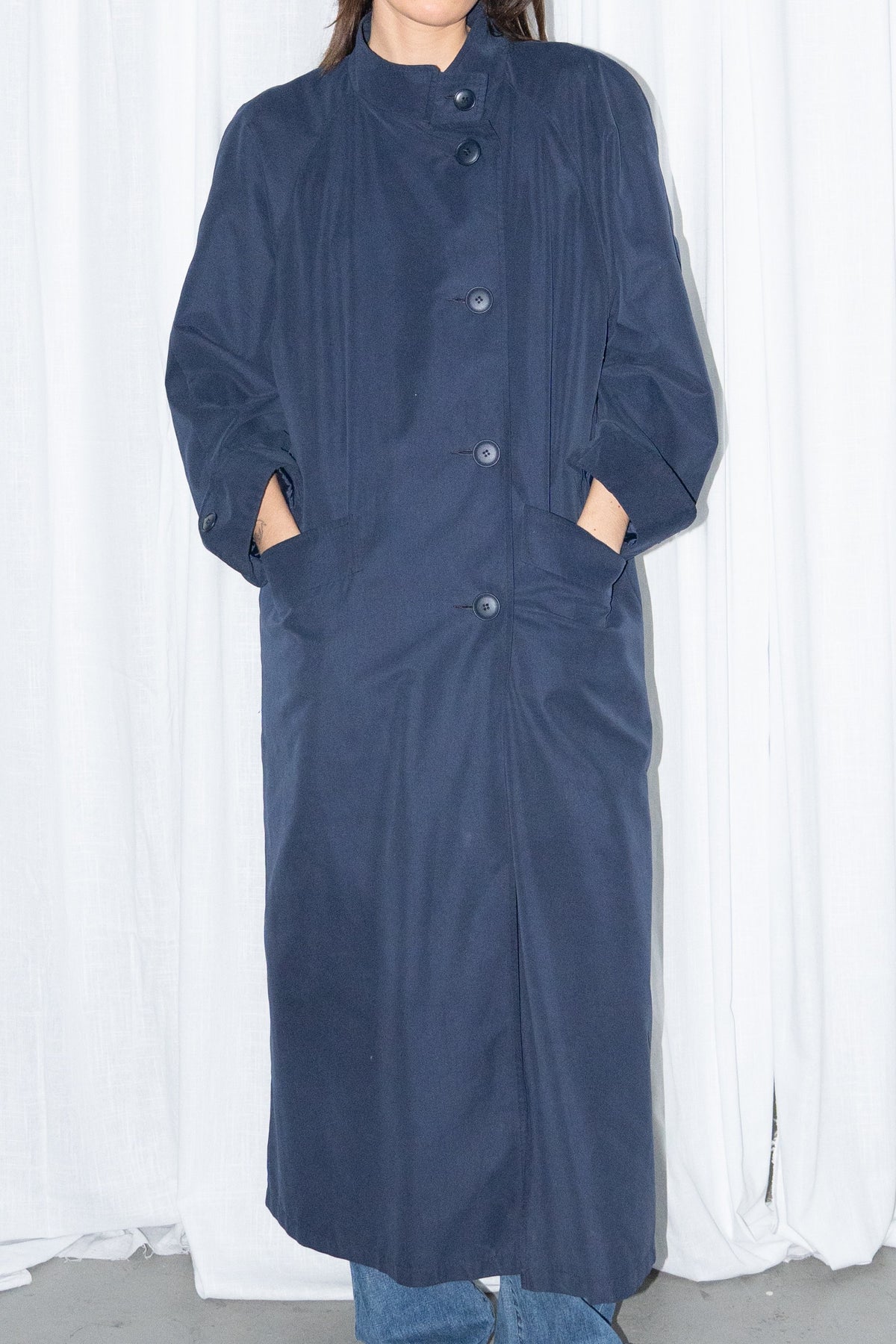 Navy Long Coat with Stand Collar