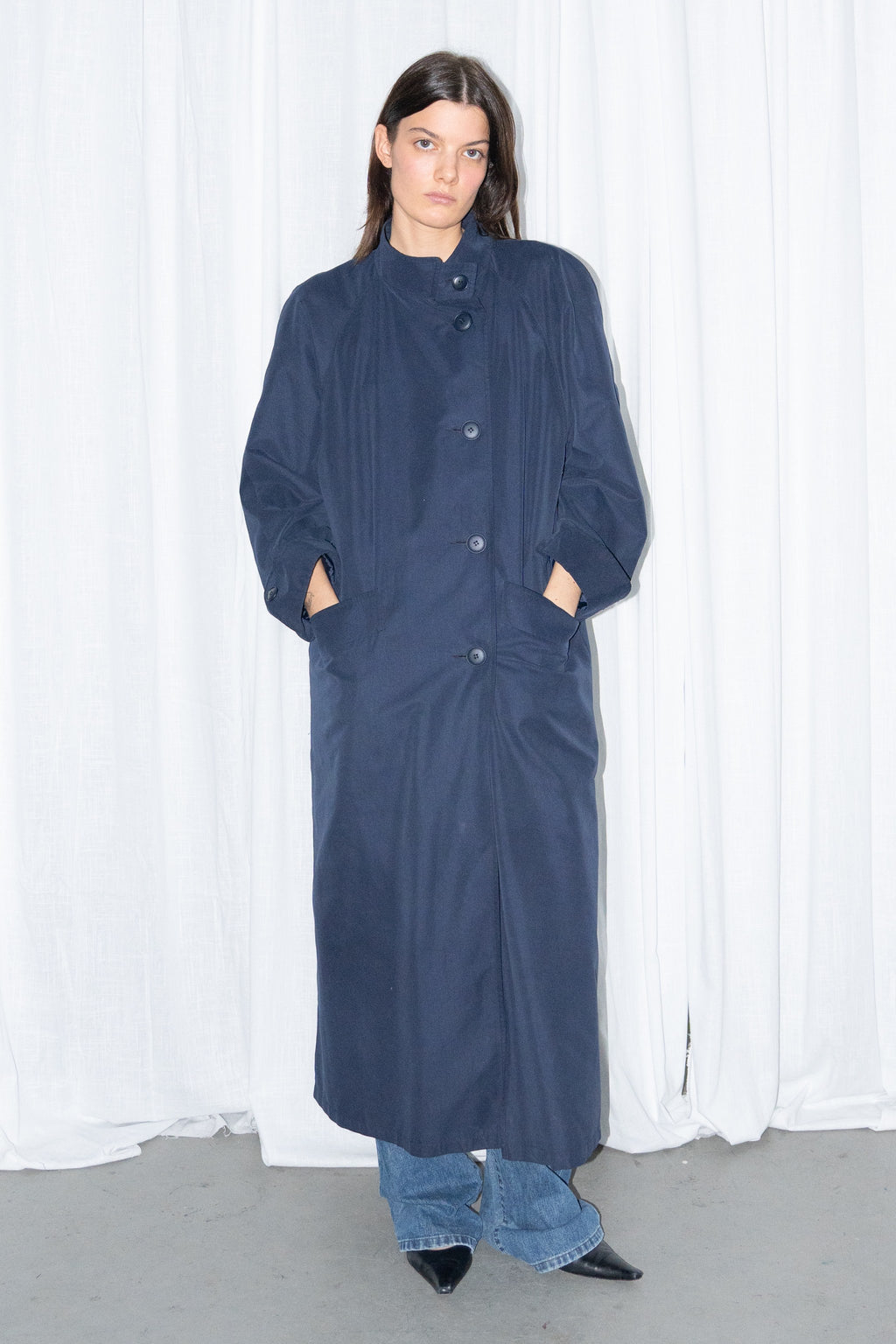 Navy Long Coat with Stand Collar