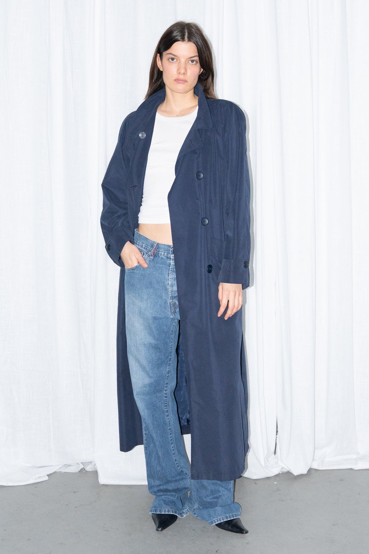 Navy Long Coat with Stand Collar