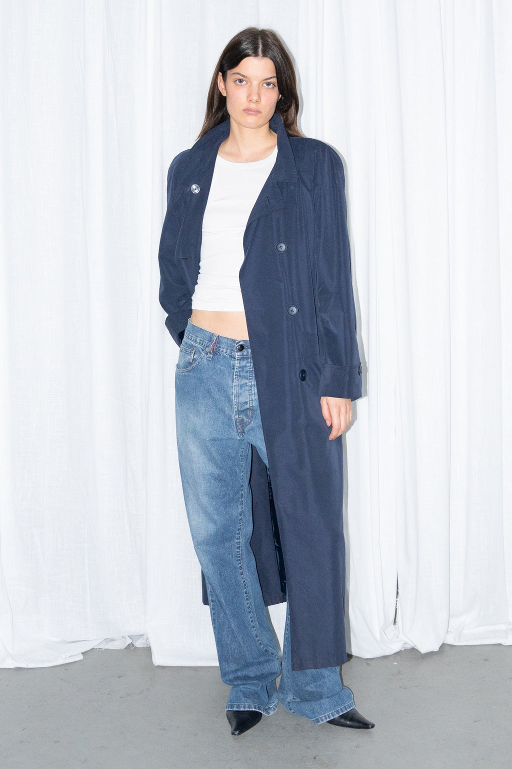 Navy Long Coat with Stand Collar