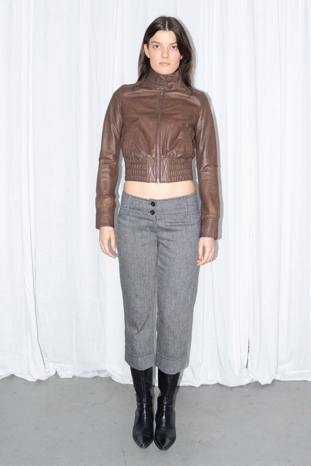 Brown Leather Cropped Zip Jacket