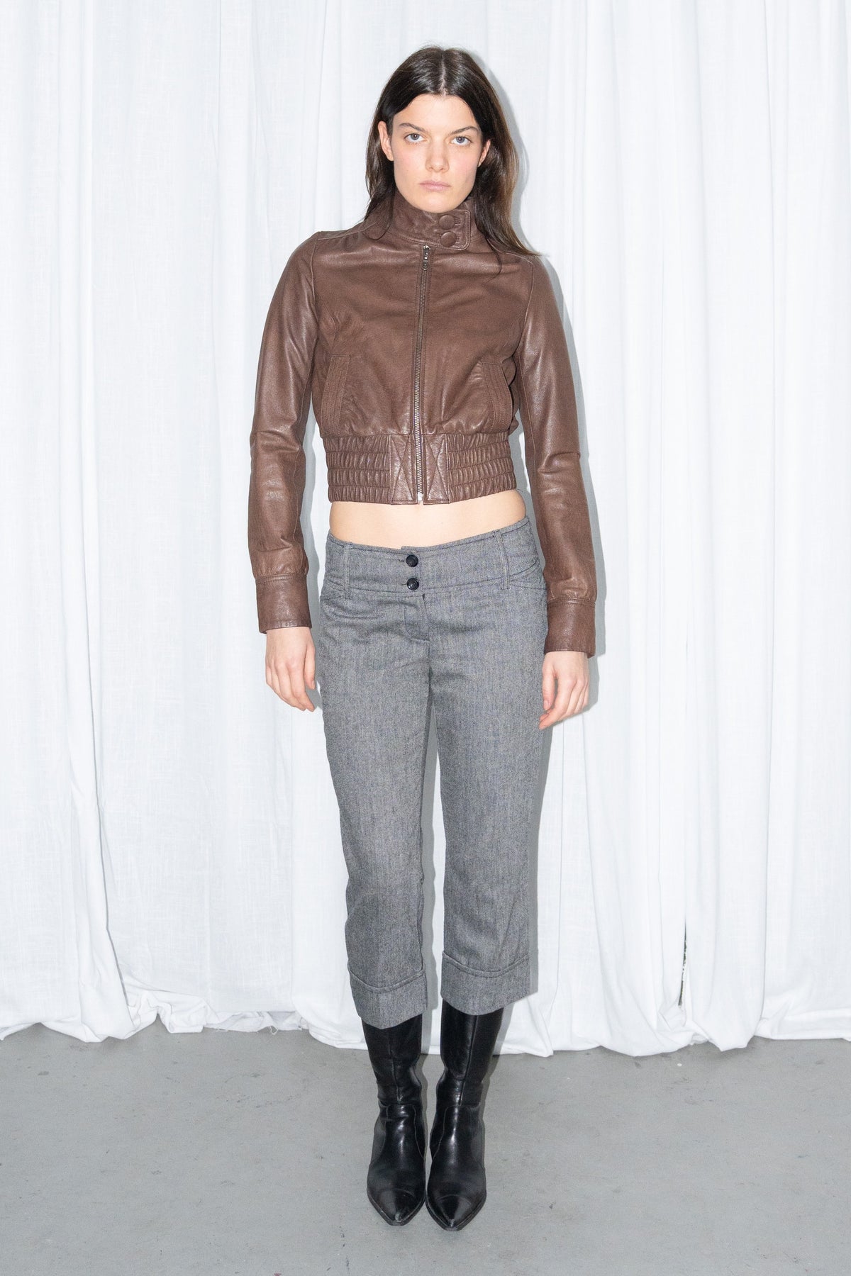 Brown Leather Cropped Zip Jacket
