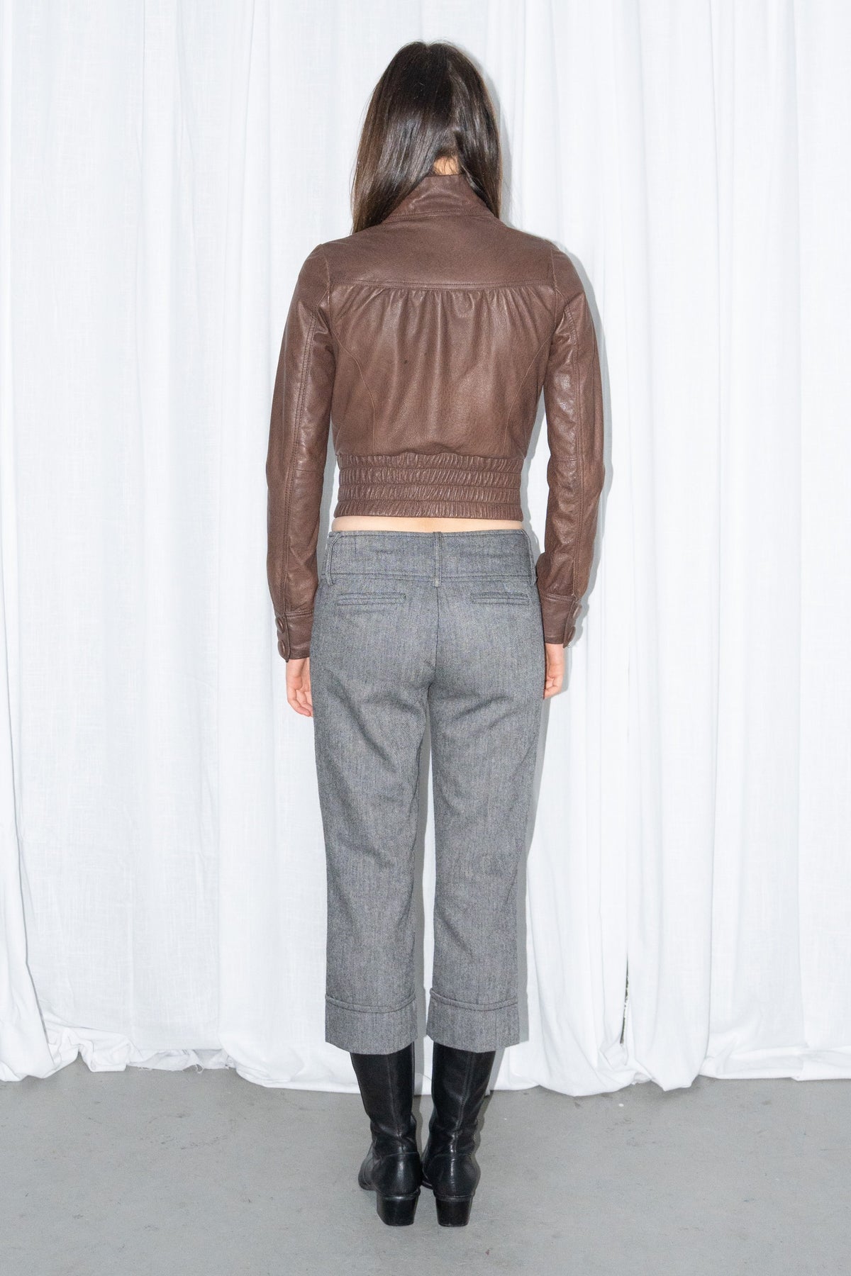 Brown Leather Cropped Zip Jacket