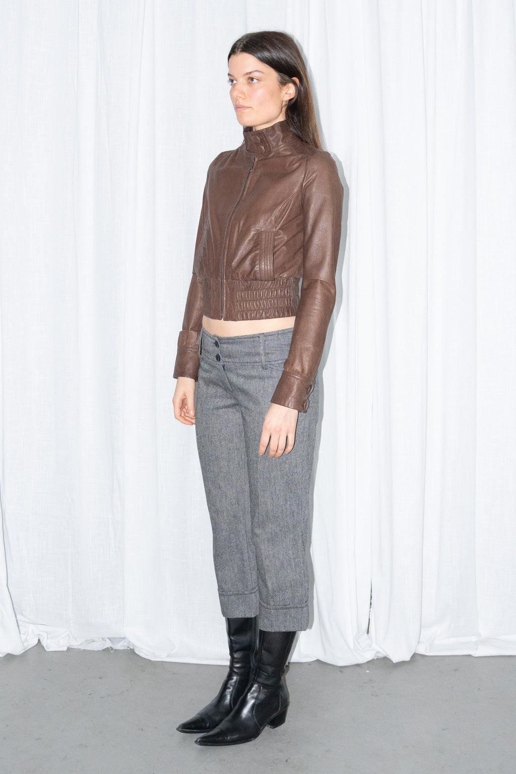 Brown Leather Cropped Zip Jacket