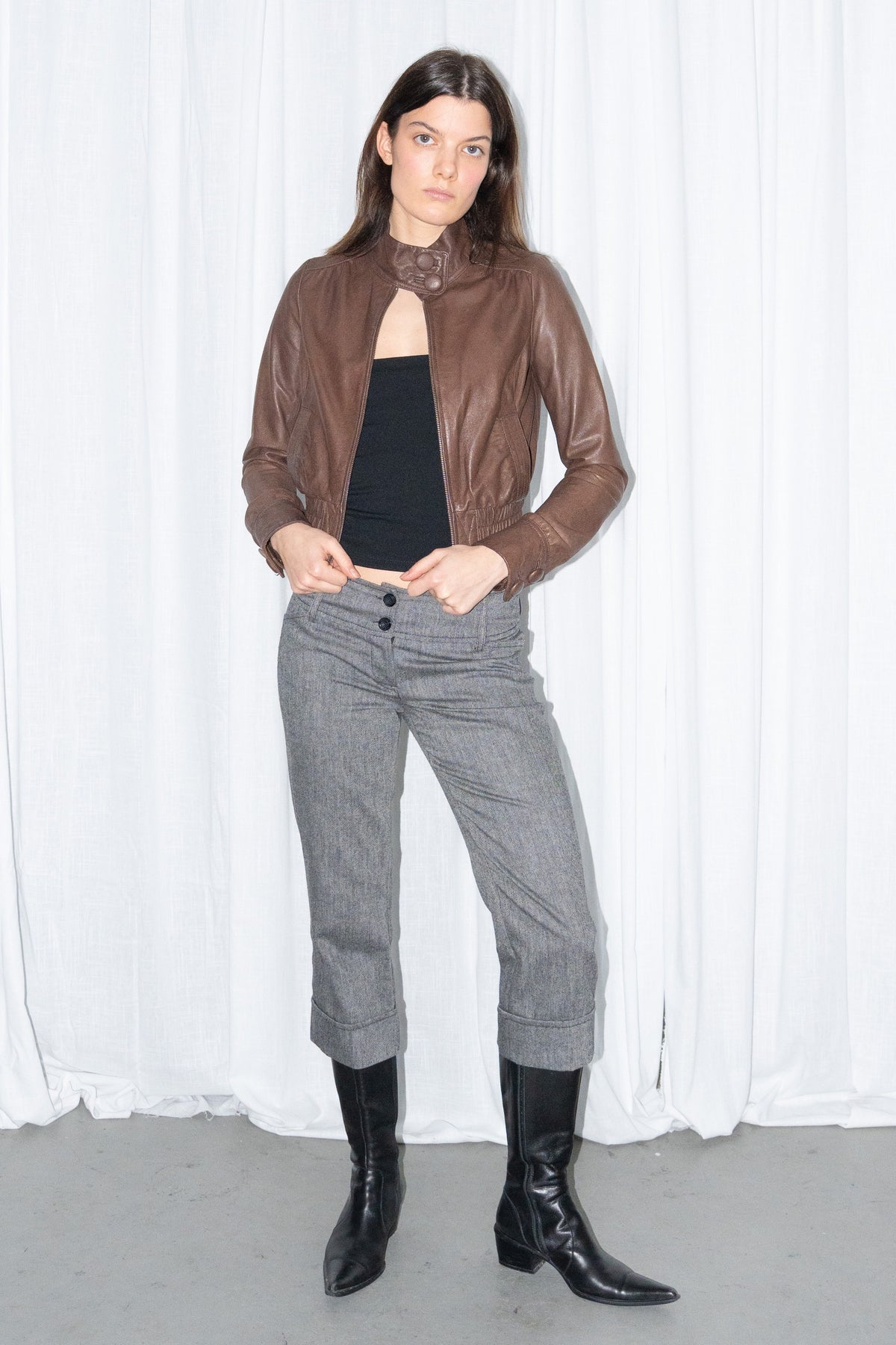 Brown Leather Cropped Zip Jacket
