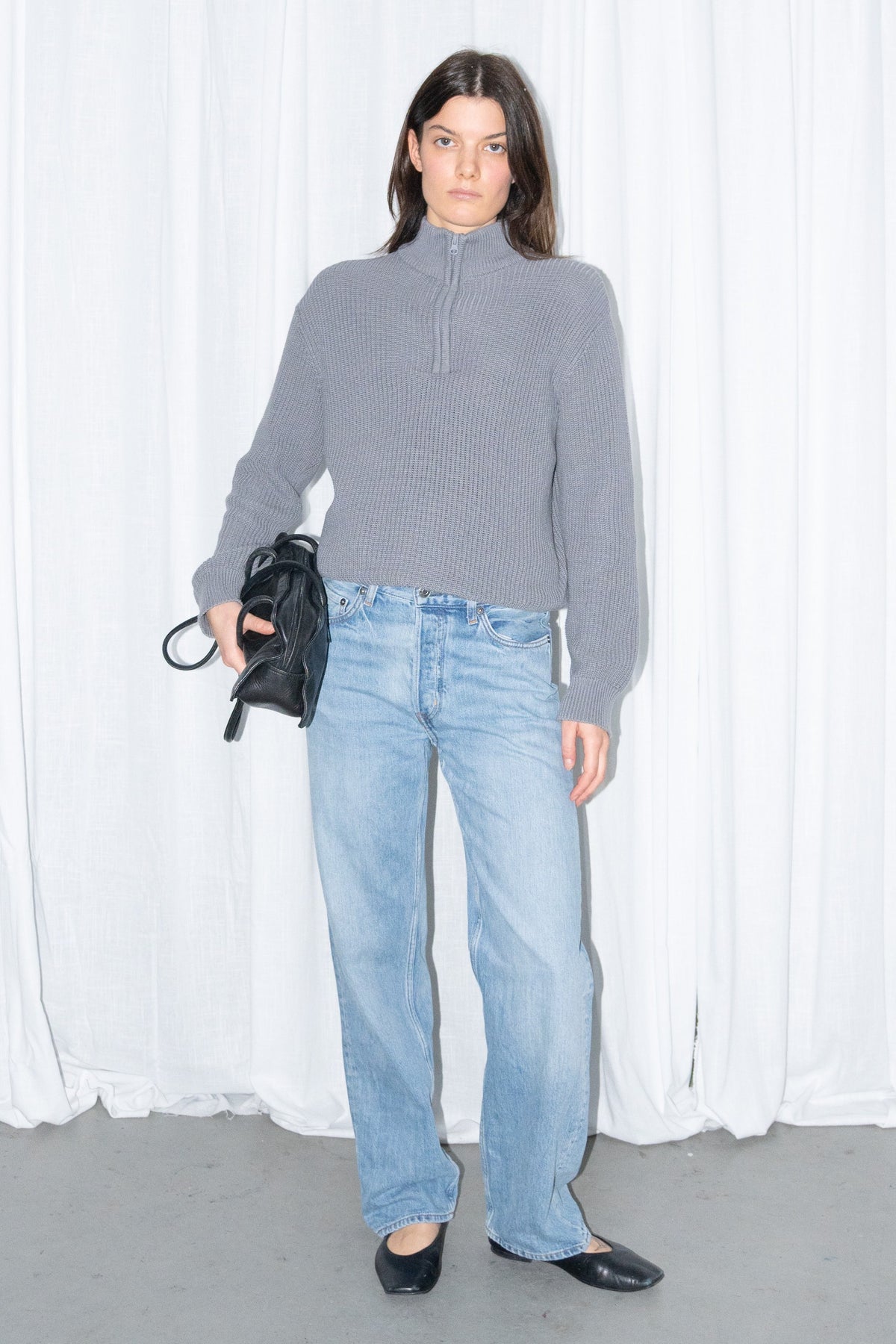Grey Ribbed Half-Zip Knit Sweater