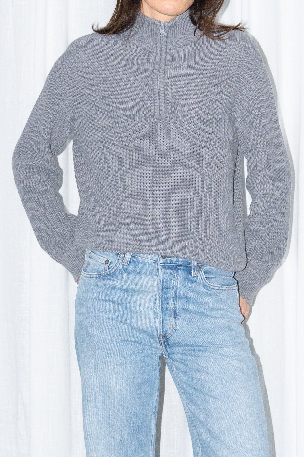 Grey Ribbed Half-Zip Knit Sweater