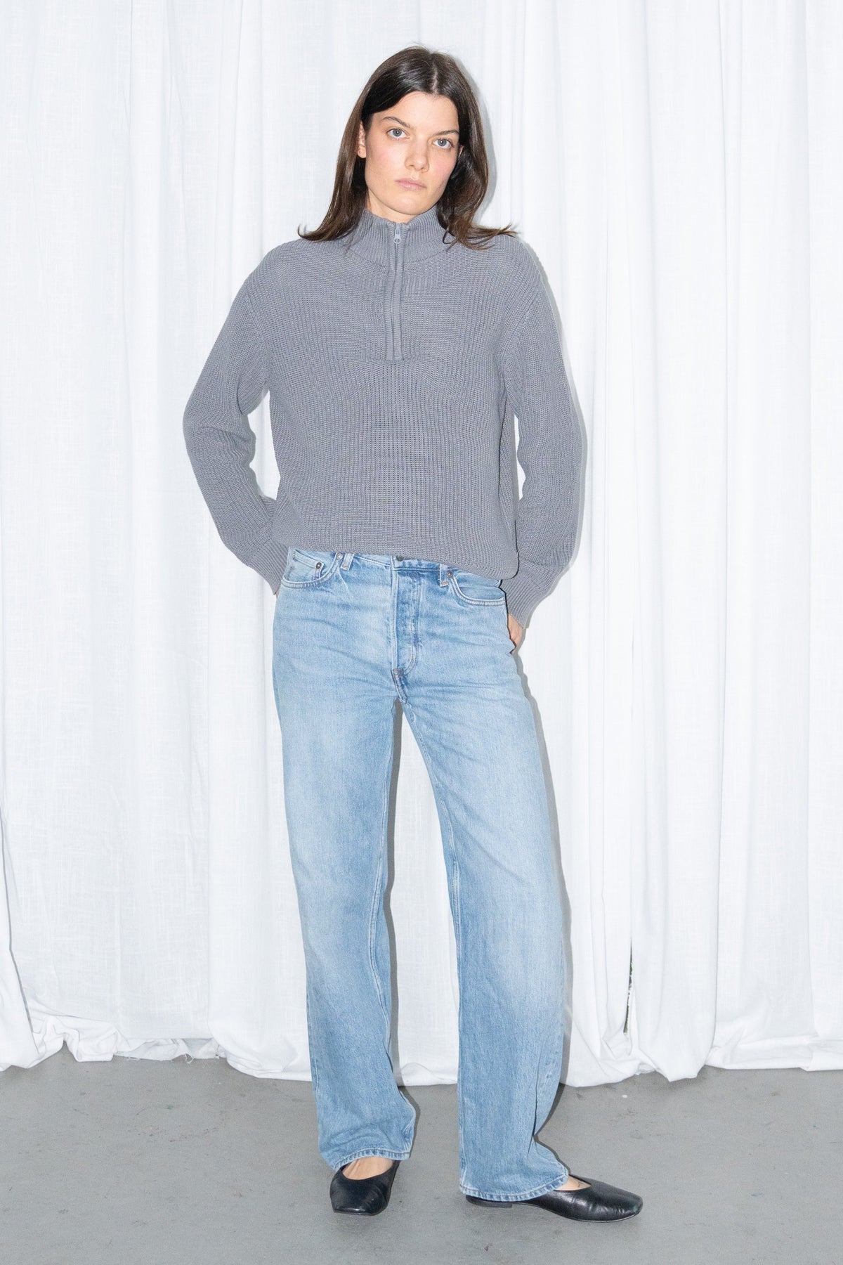 Grey Ribbed Half-Zip Knit Sweater