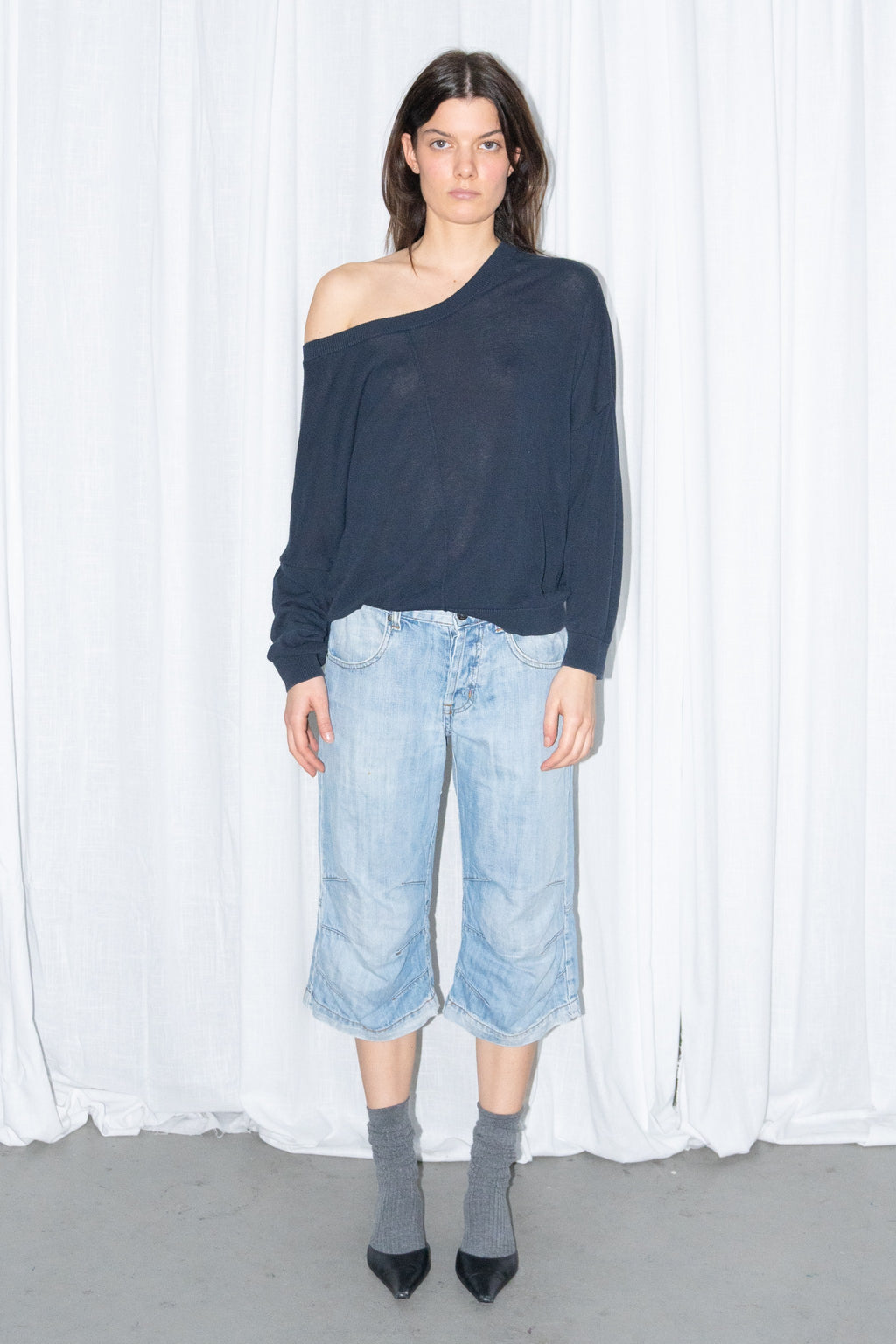 Selected Femme Navy Off-Shoulder Knit Top