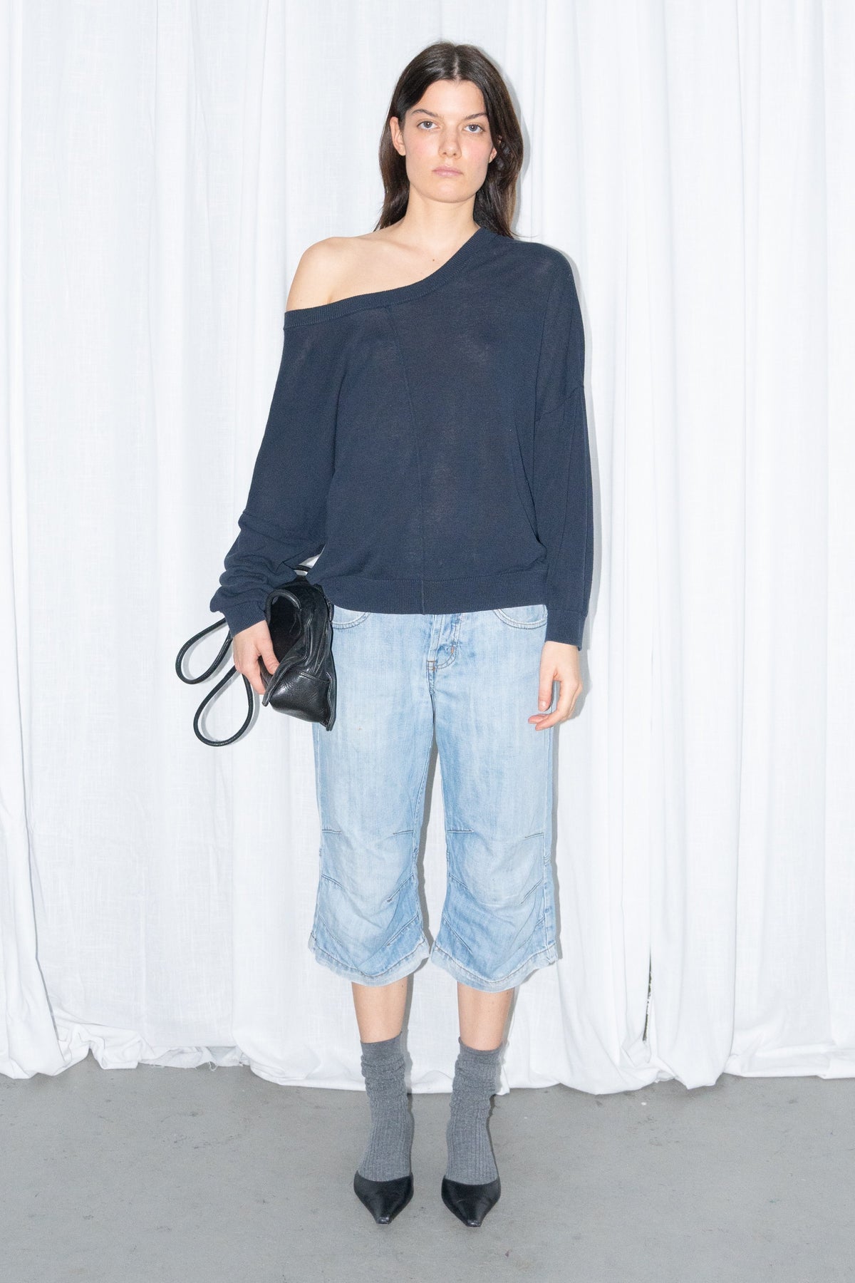 Selected Femme Navy Off-Shoulder Knit Top