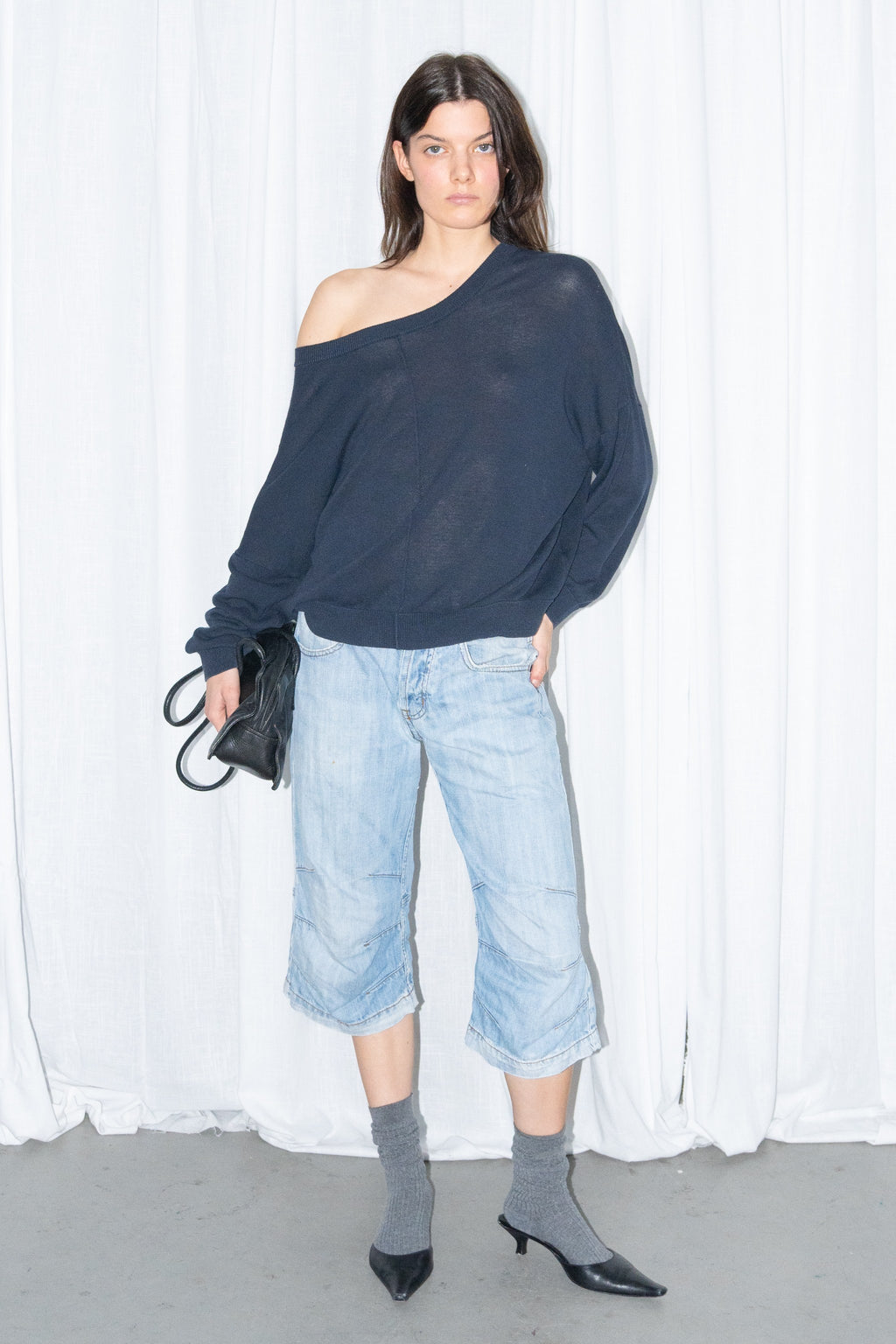 Selected Femme Navy Off-Shoulder Knit Top