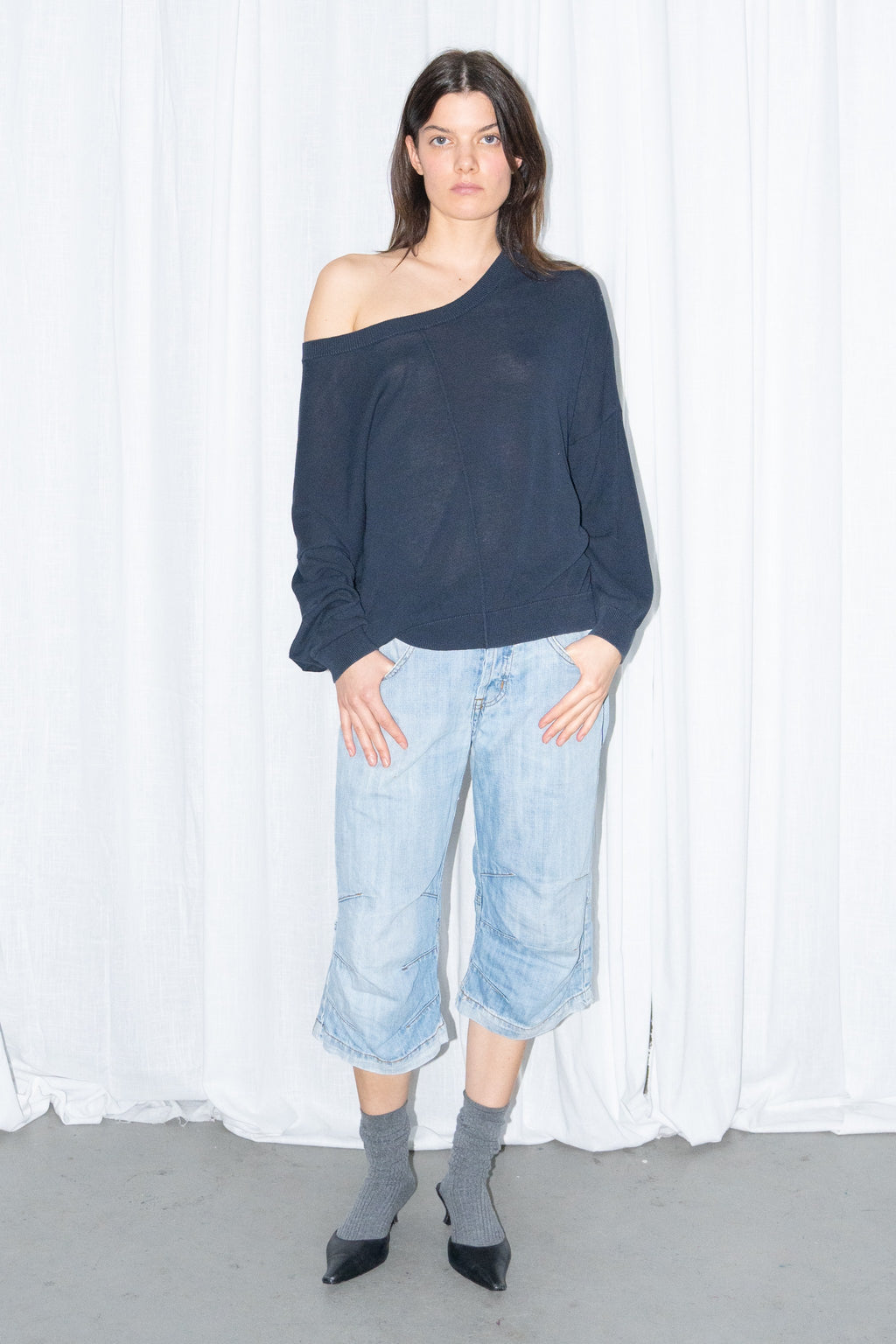 Selected Femme Navy Off-Shoulder Knit Top