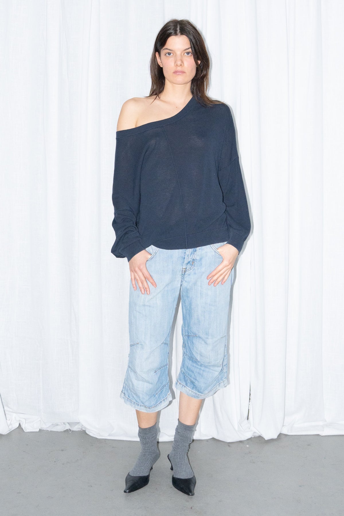 Selected Femme Navy Off-Shoulder Knit Top