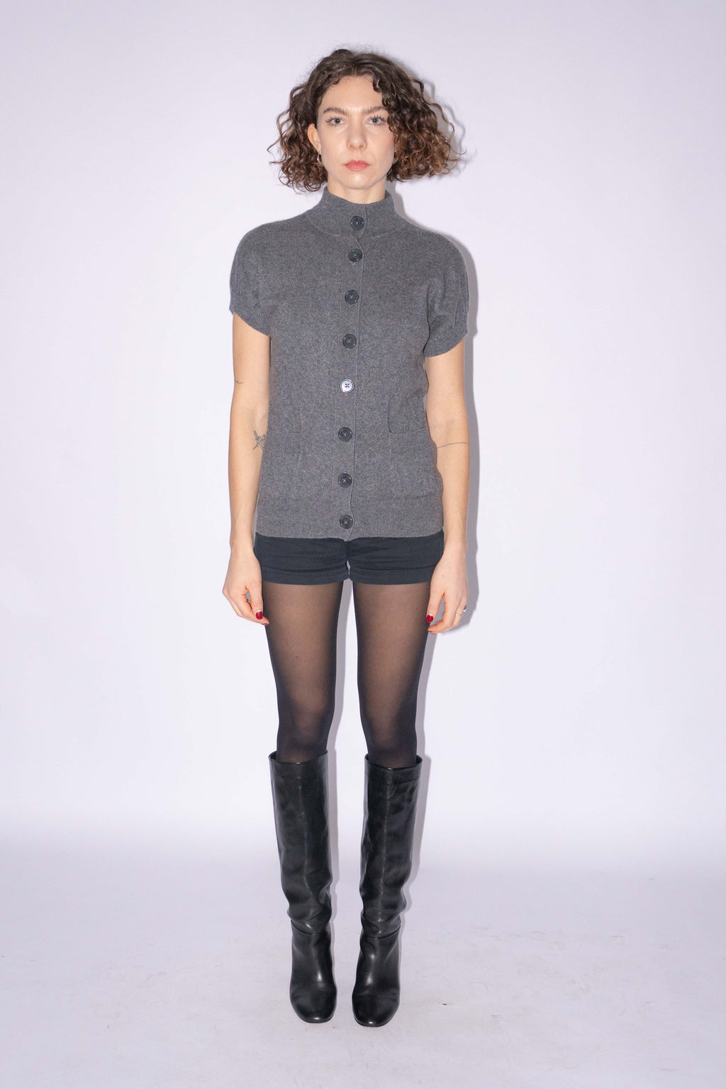 100% Cashmere Short Sleeve Cardigan Grey