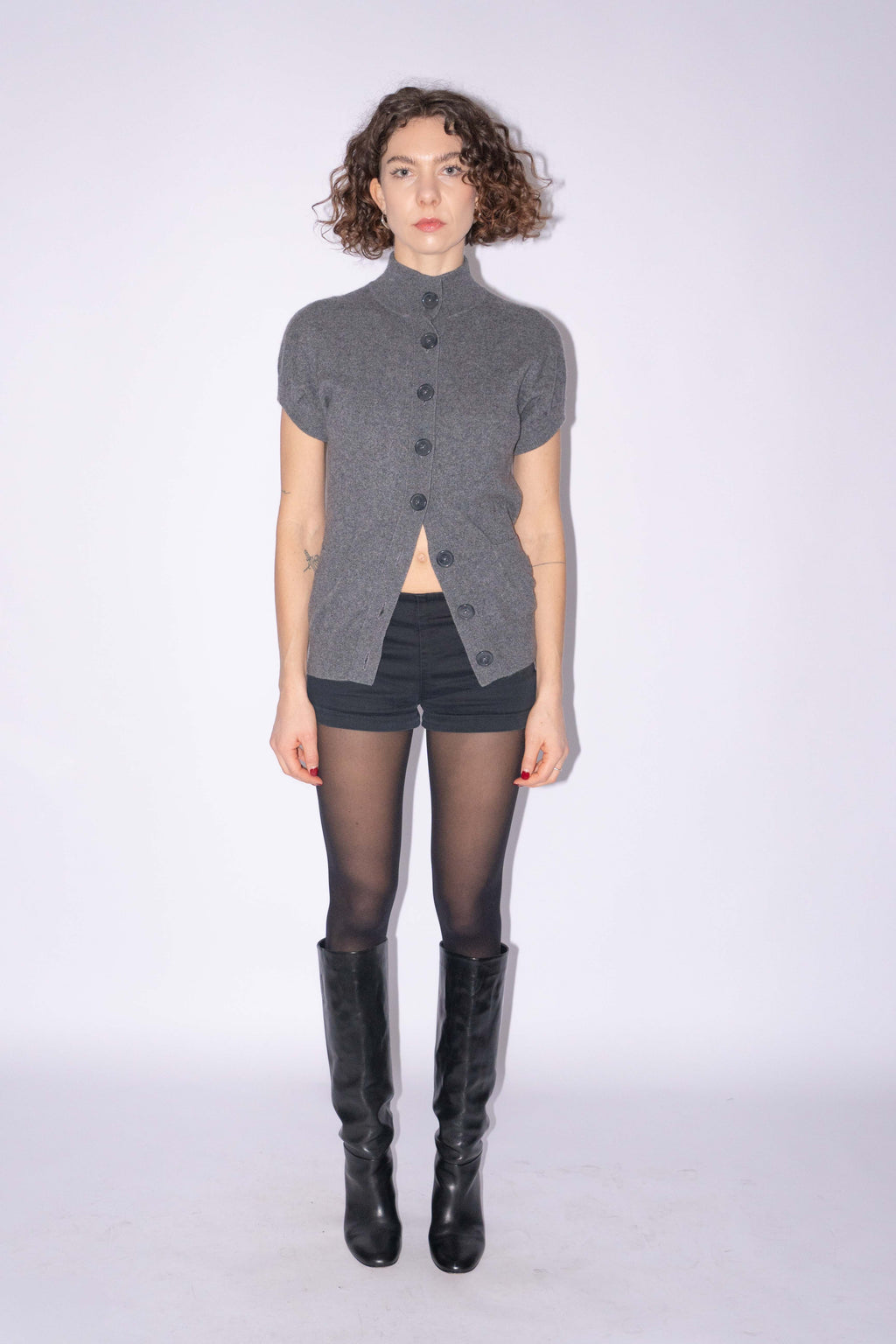 100% Cashmere Short Sleeve Cardigan Grey