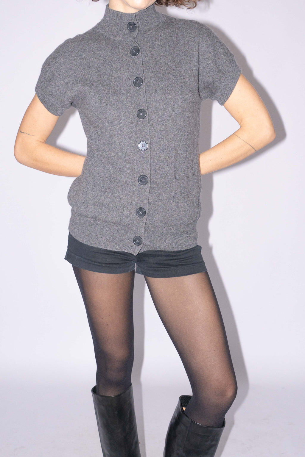 100% Cashmere Short Sleeve Cardigan Grey