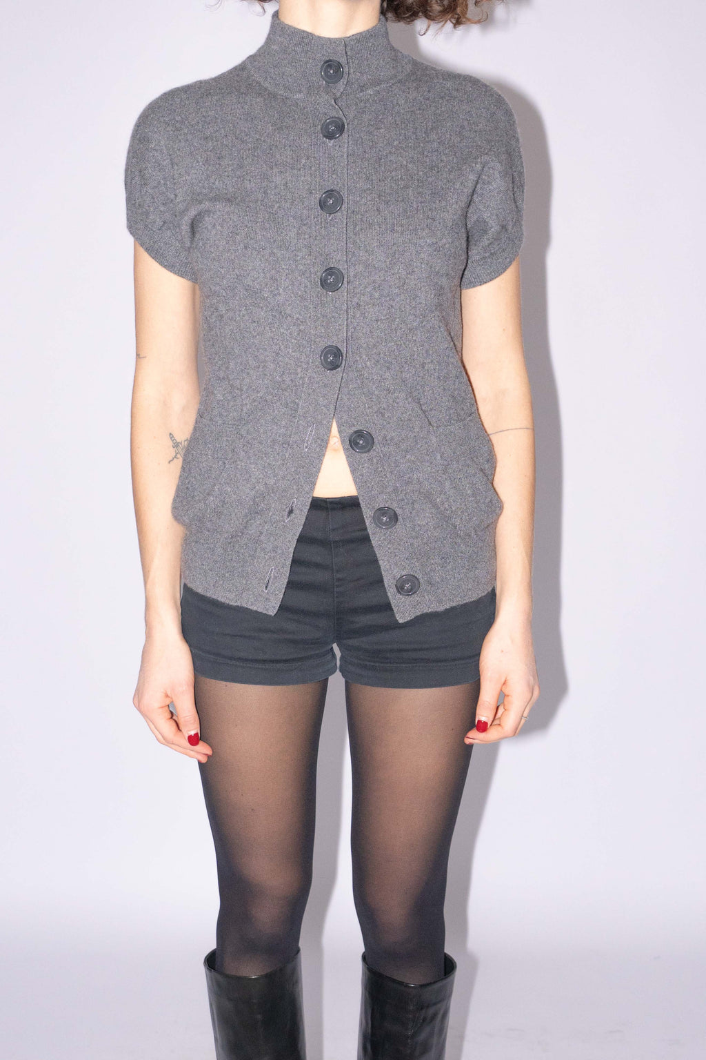 100% Cashmere Short Sleeve Cardigan Grey
