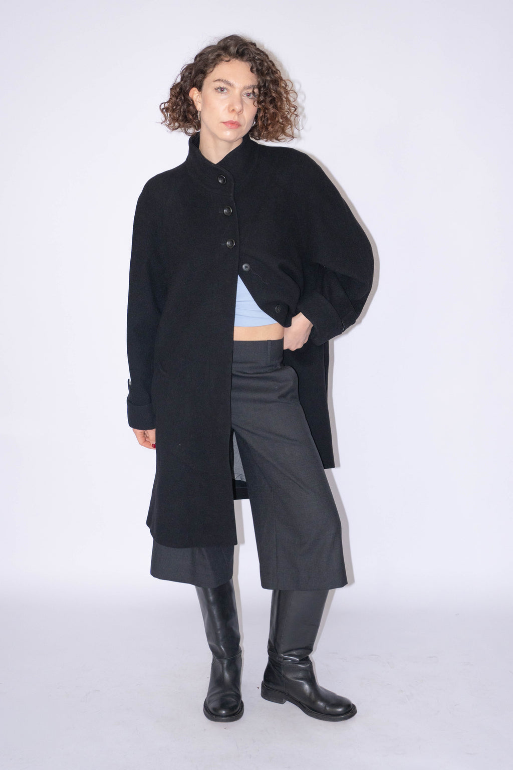 Black Coat Wool Cashmere Mix Size XL