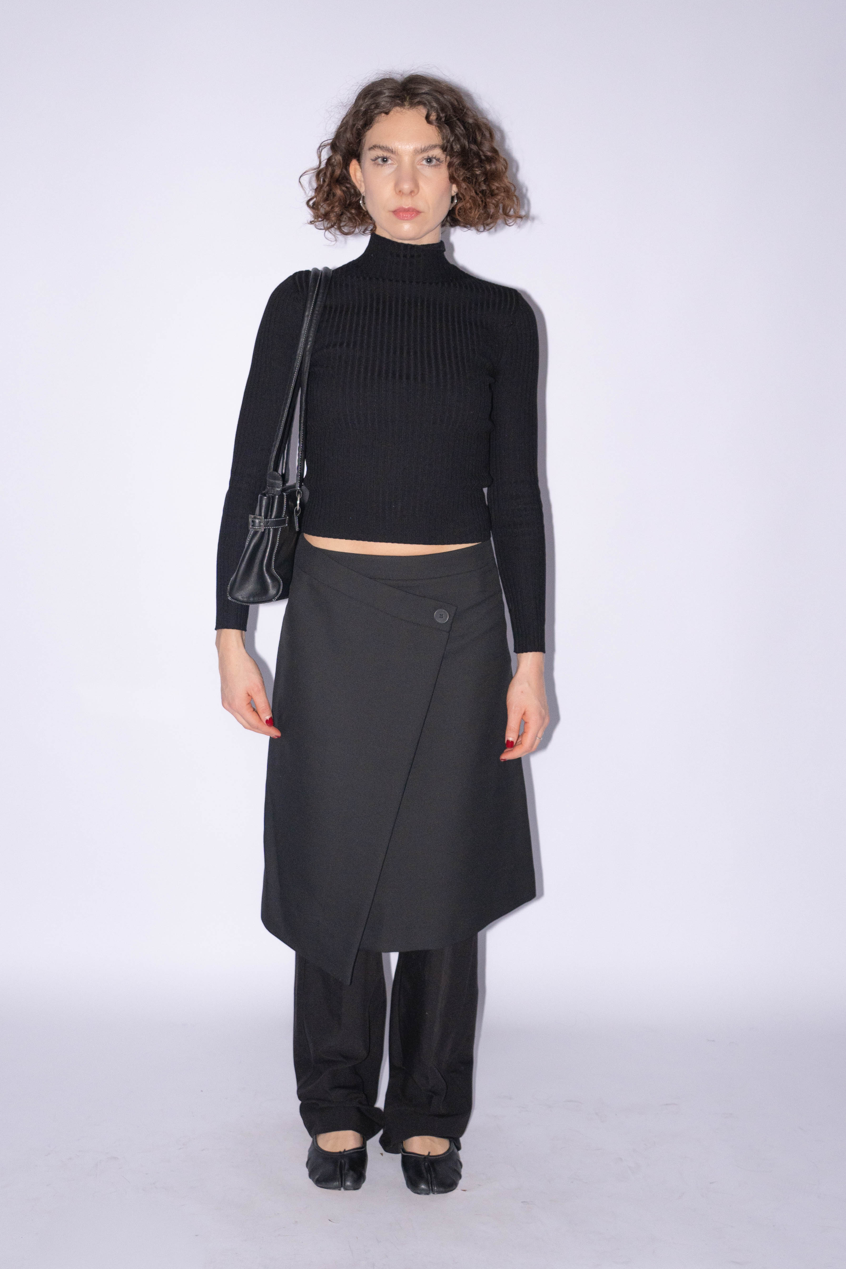 Black Wrap Midi Skirt Wool Mix Size S