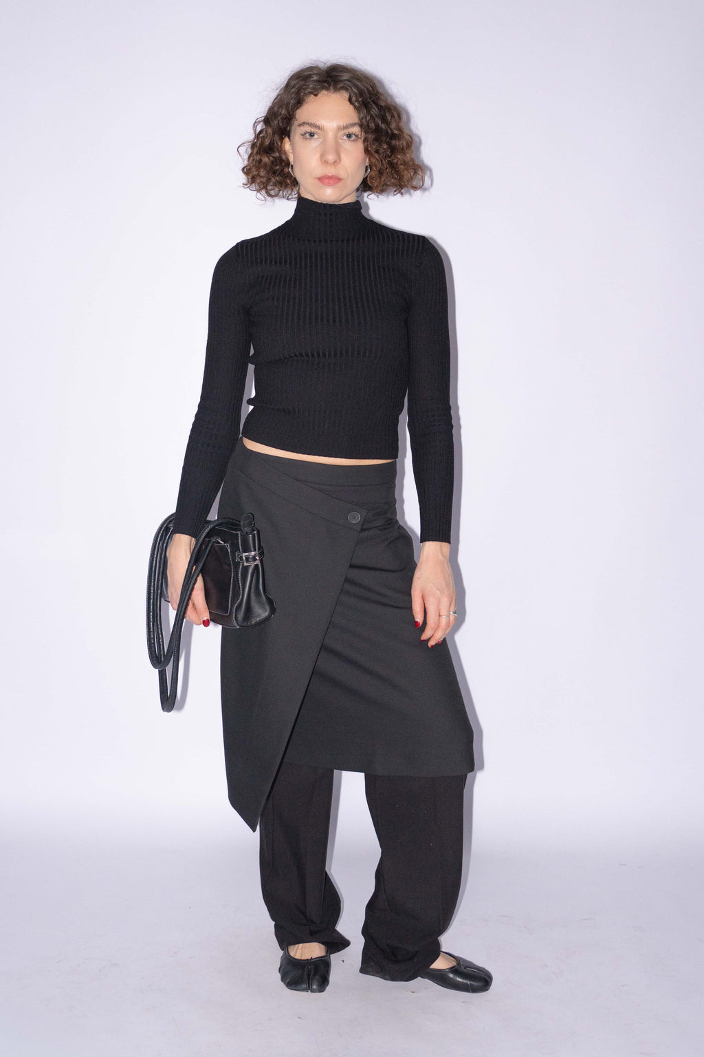 Black Wrap Midi Skirt Wool Mix Size S