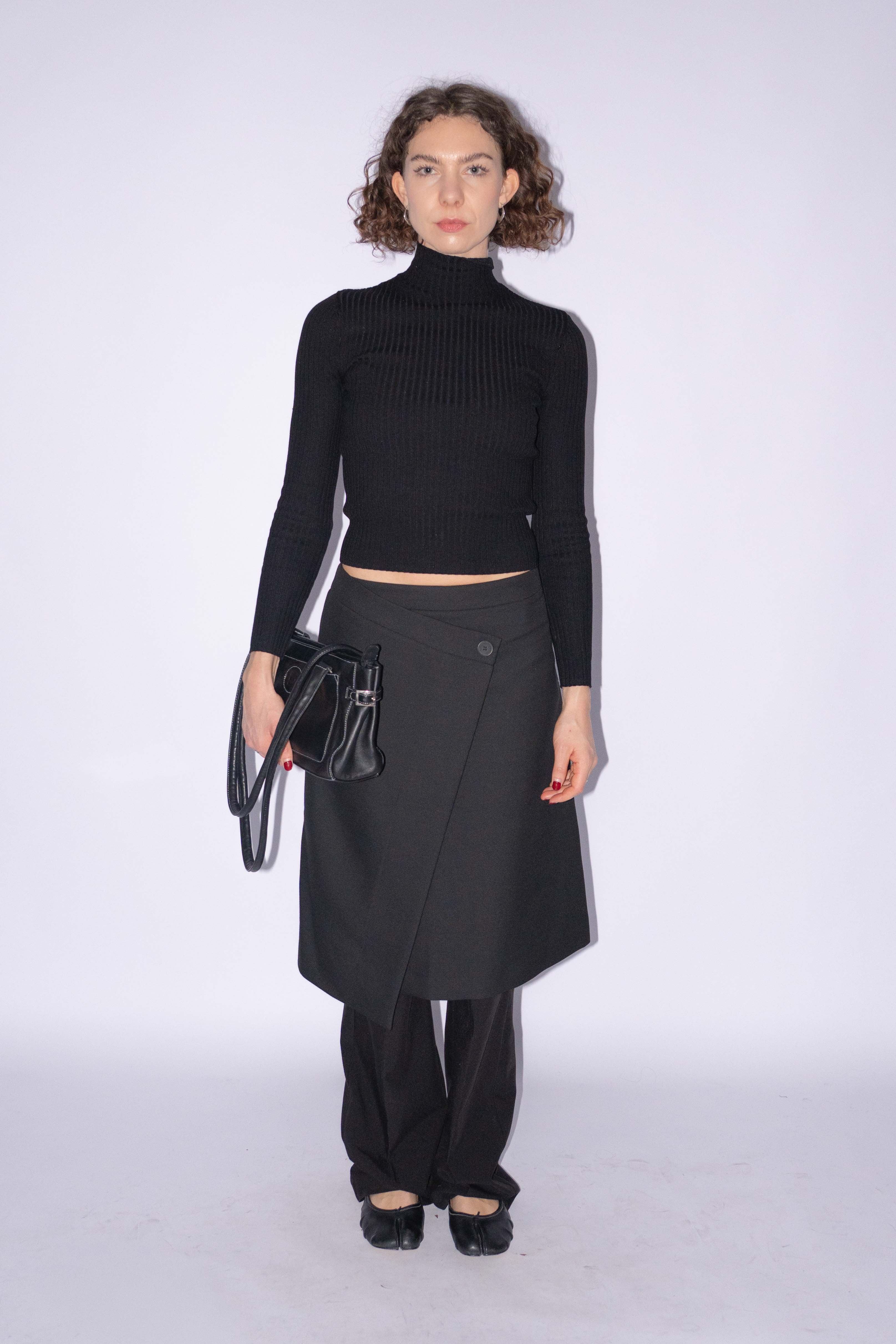 Black Wrap Midi Skirt Wool Mix Size S