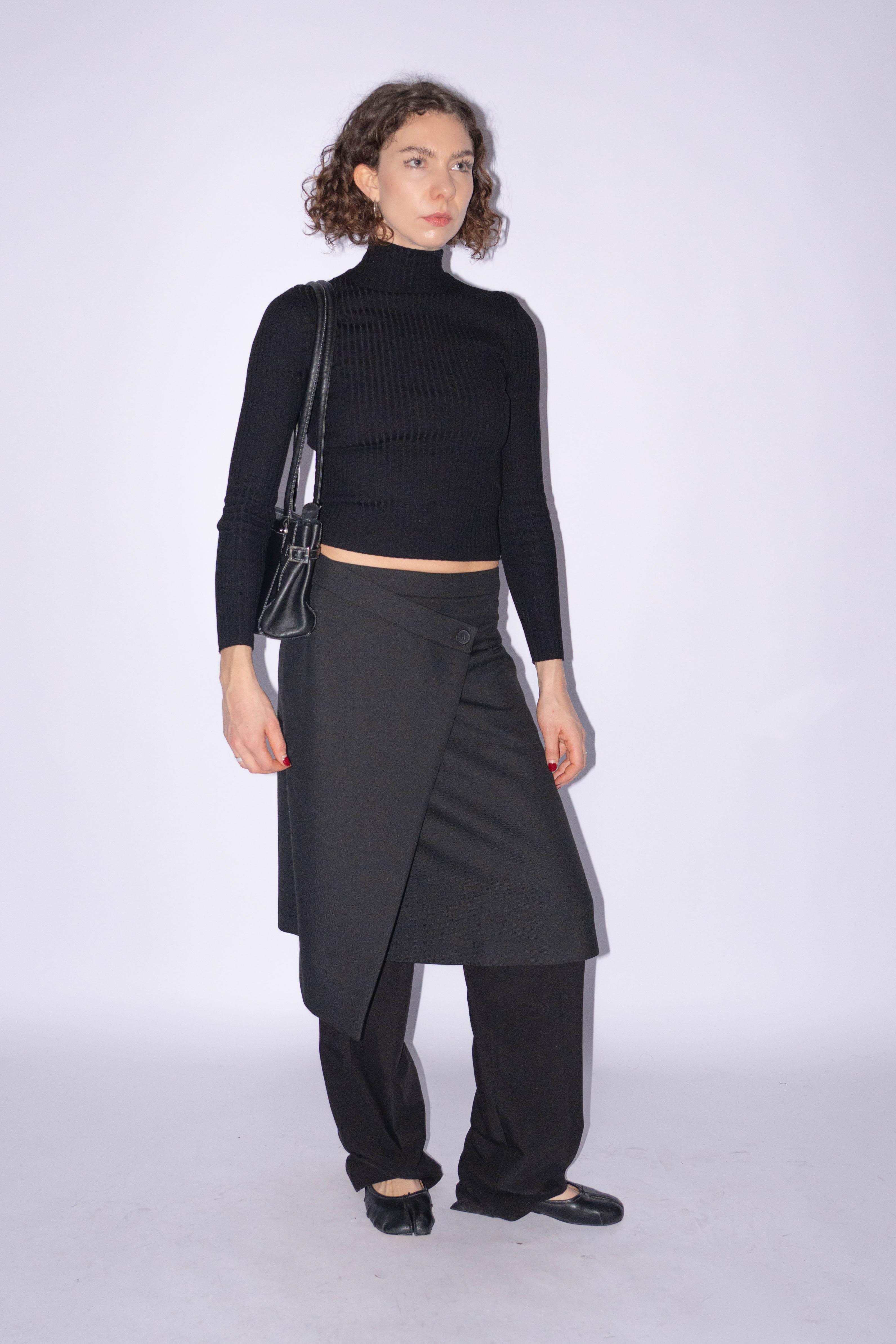 Black Wrap Midi Skirt Wool Mix Size S