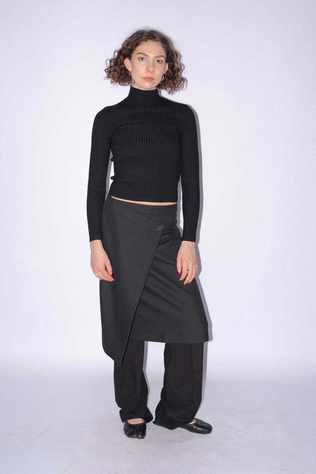 Black Wrap Midi Skirt Wool Mix Size S