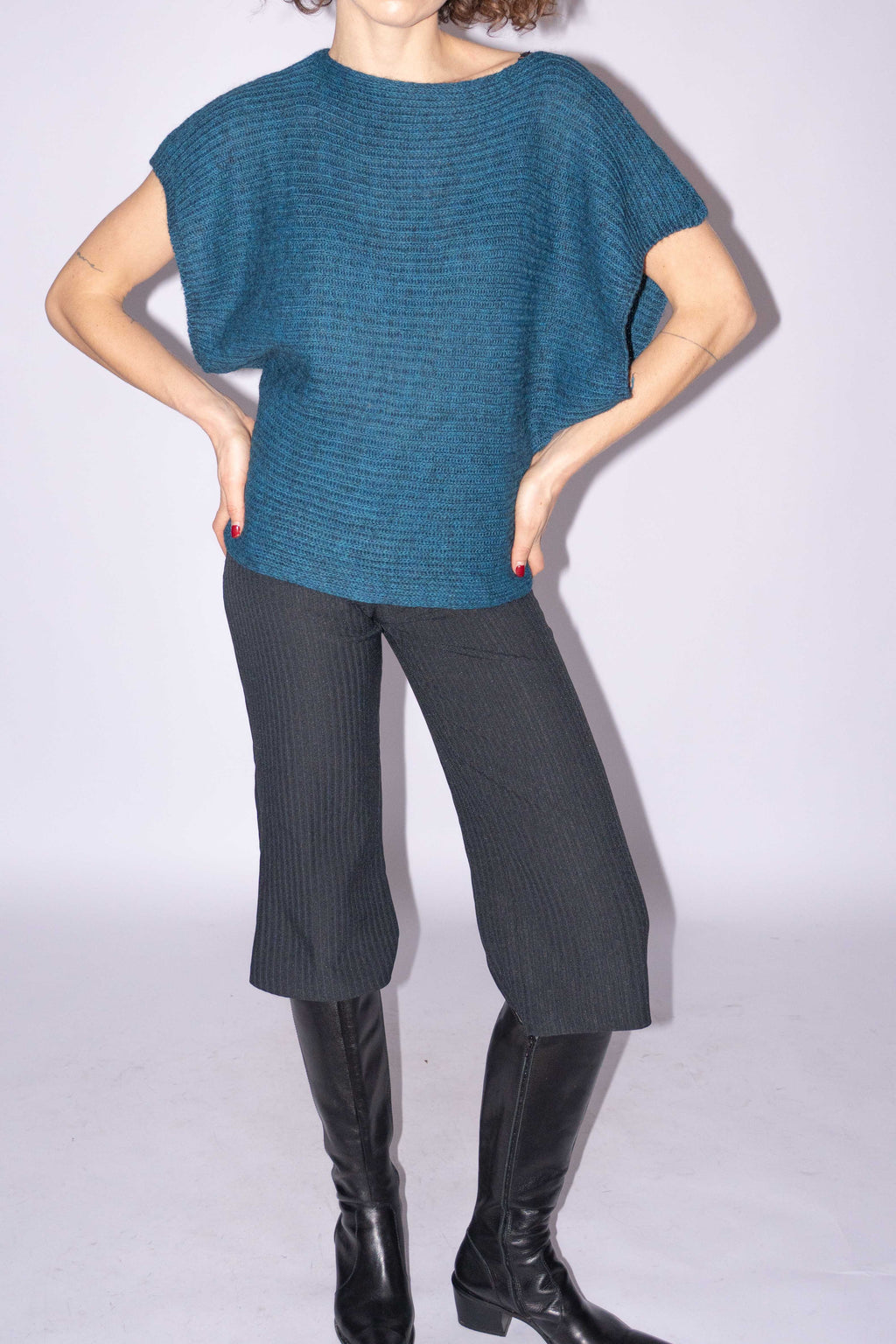 Short Sleeve Knit Top Petrol Mohair Mix