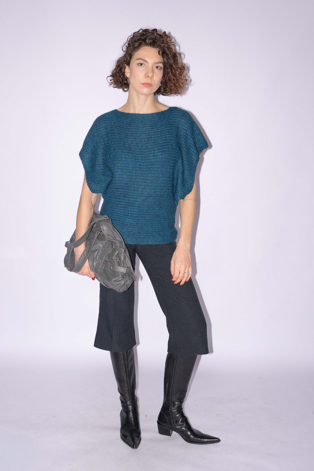 Short Sleeve Knit Top Petrol Mohair Mix