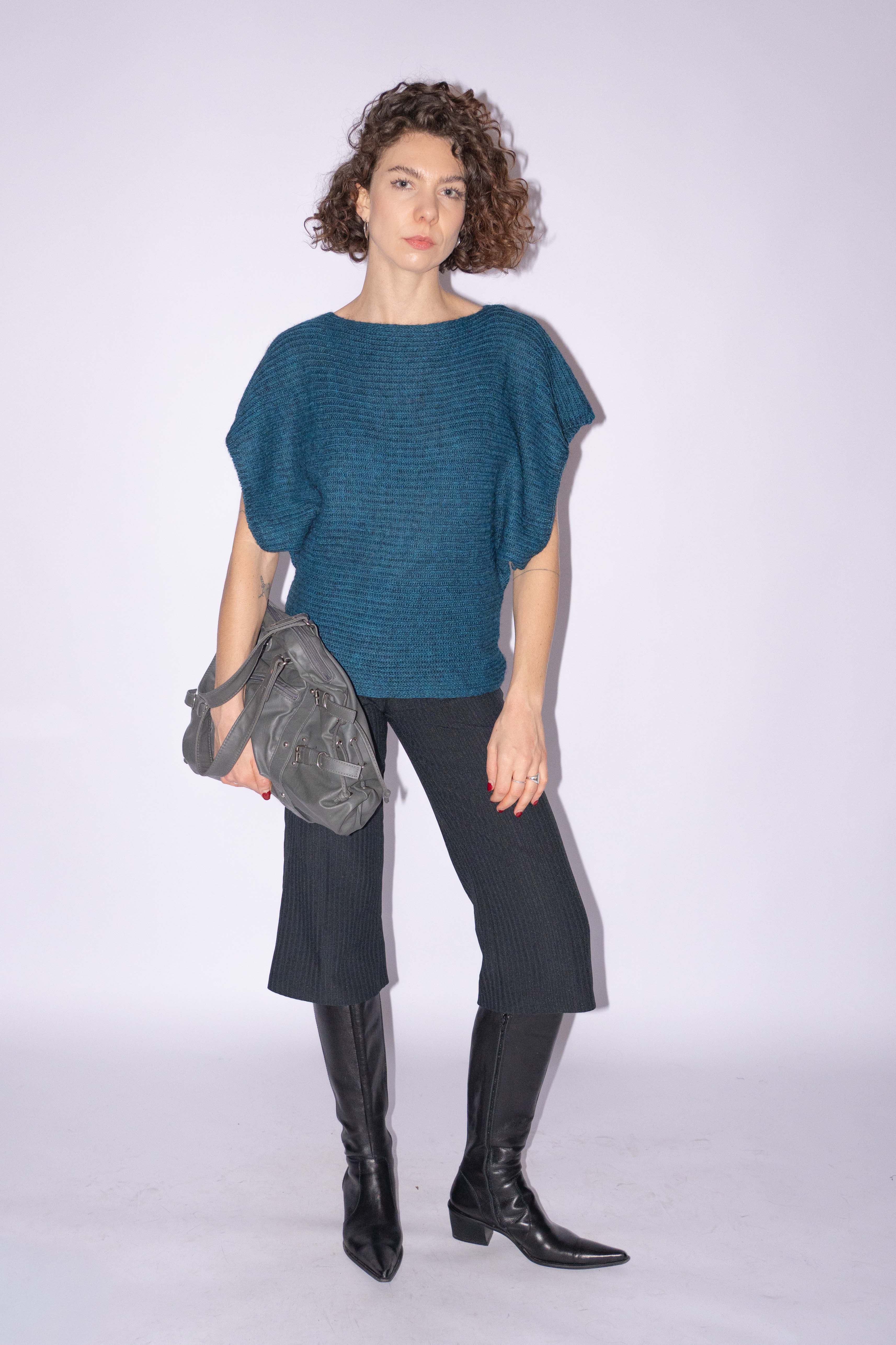 Short Sleeve Knit Top Petrol Mohair Mix