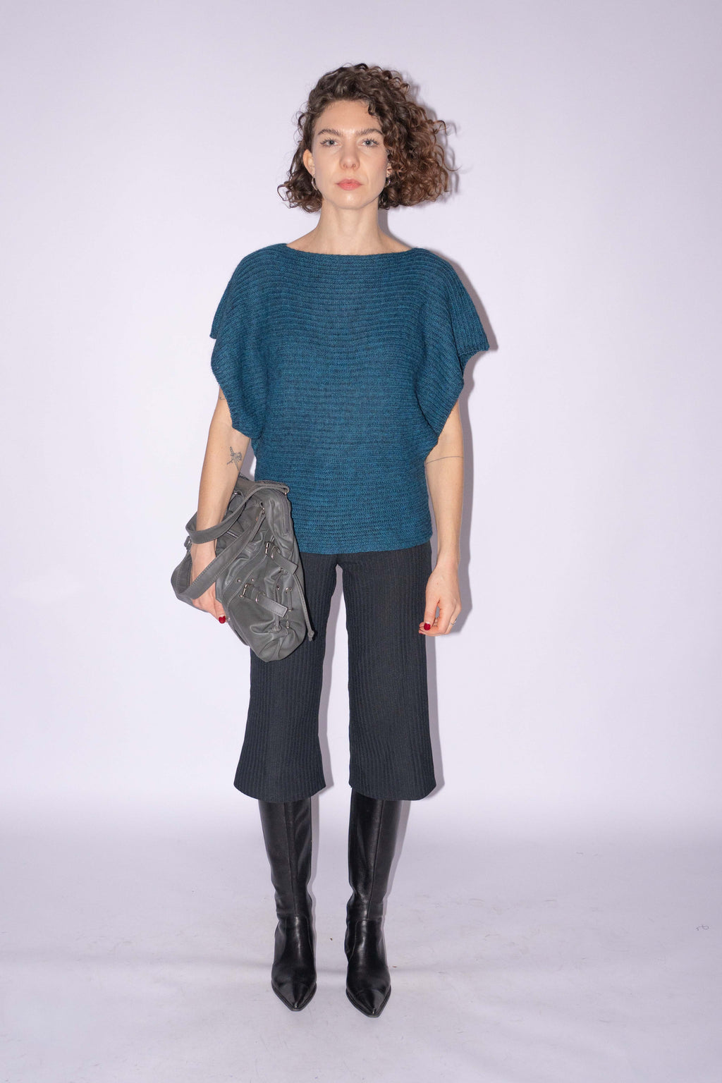 Short Sleeve Knit Top Petrol Mohair Mix