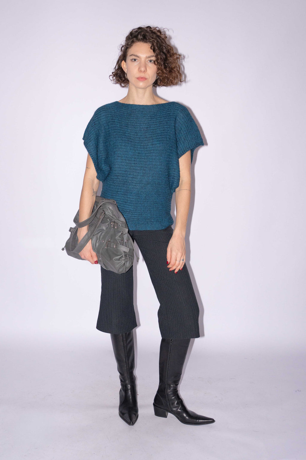 Short Sleeve Knit Top Petrol Mohair Mix