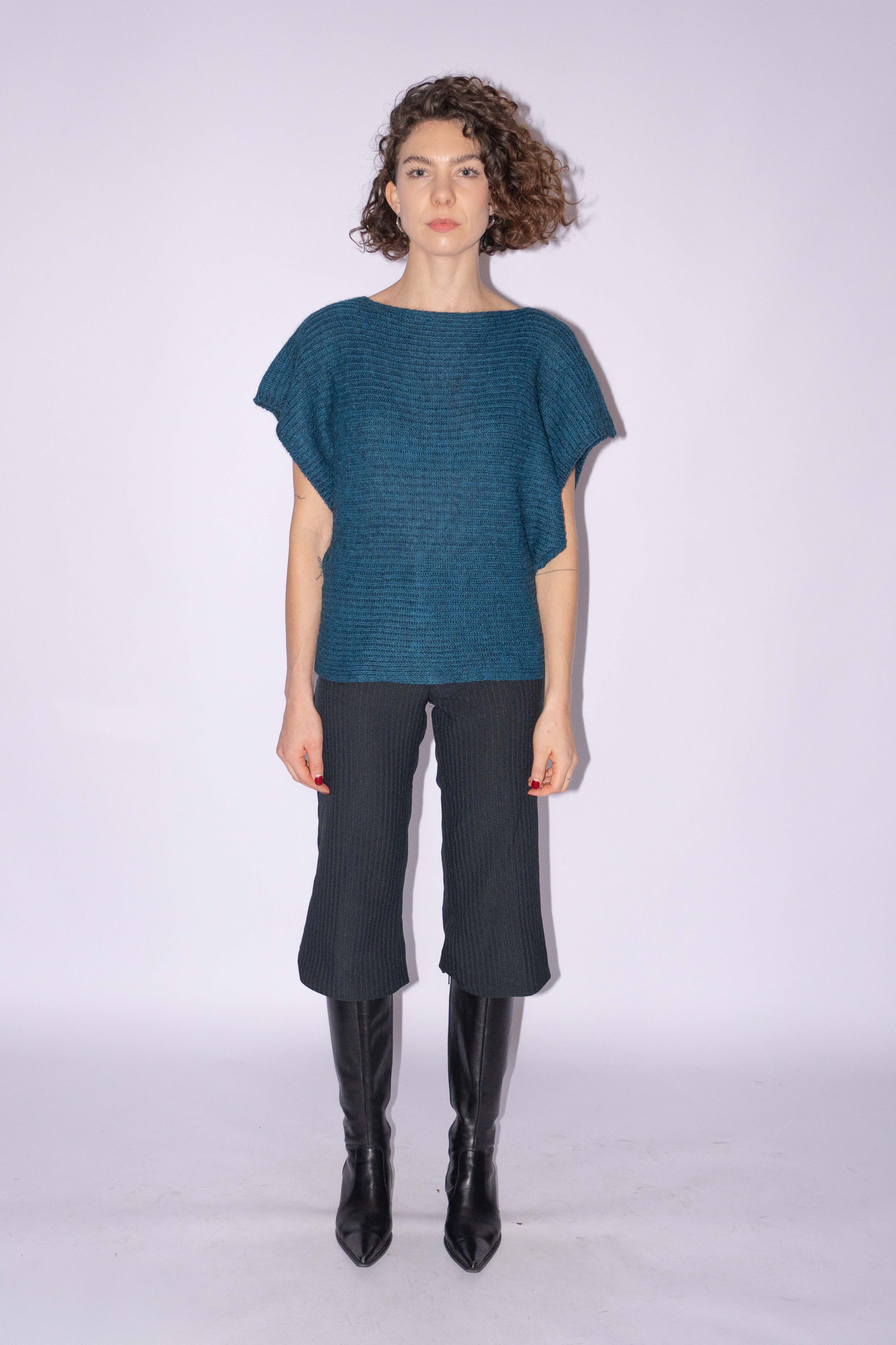 Short Sleeve Knit Top Petrol Mohair Mix