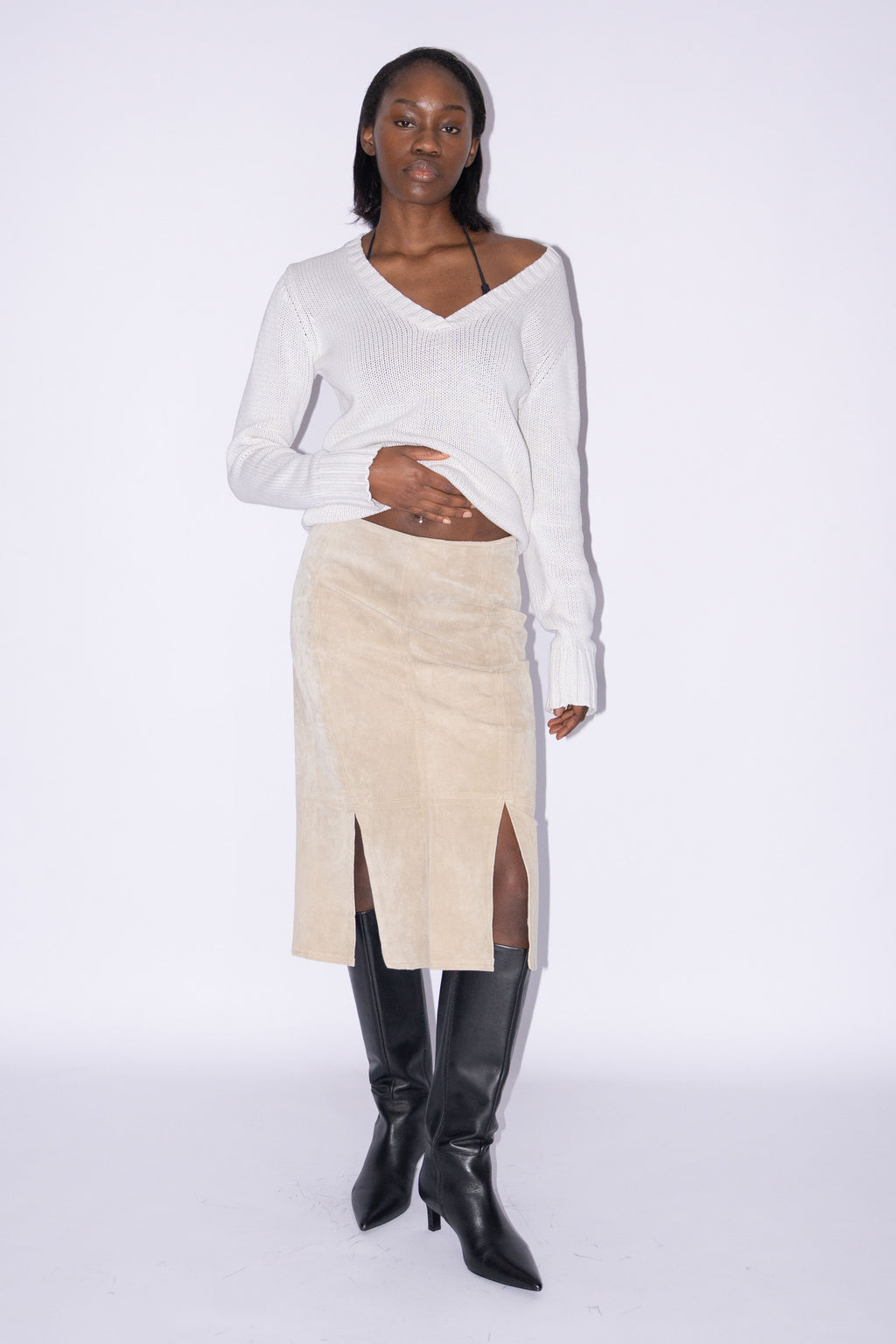 Beige Suede Skirt With Splits - Size L