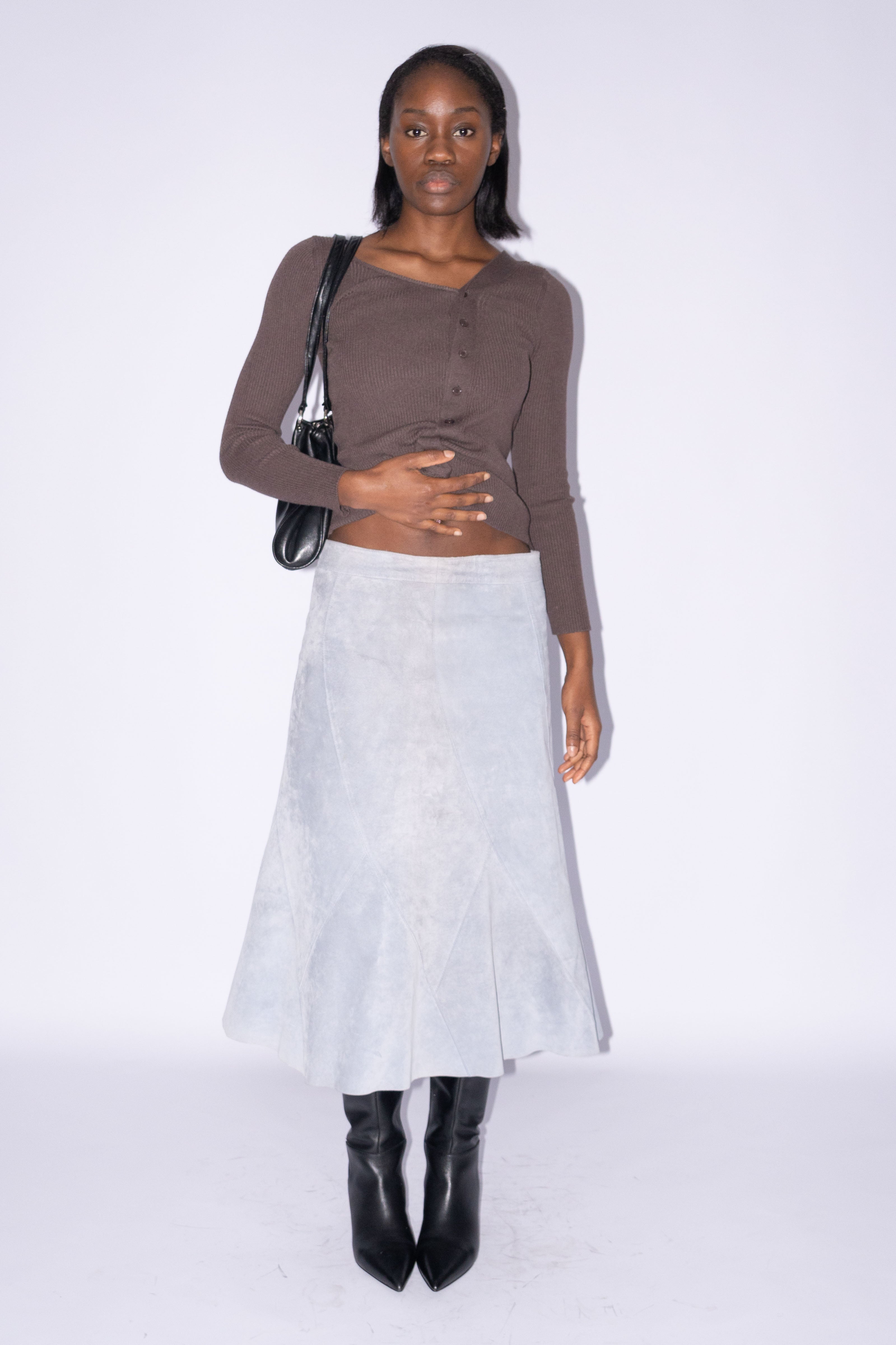 Light Blue Suede Midi Skirt