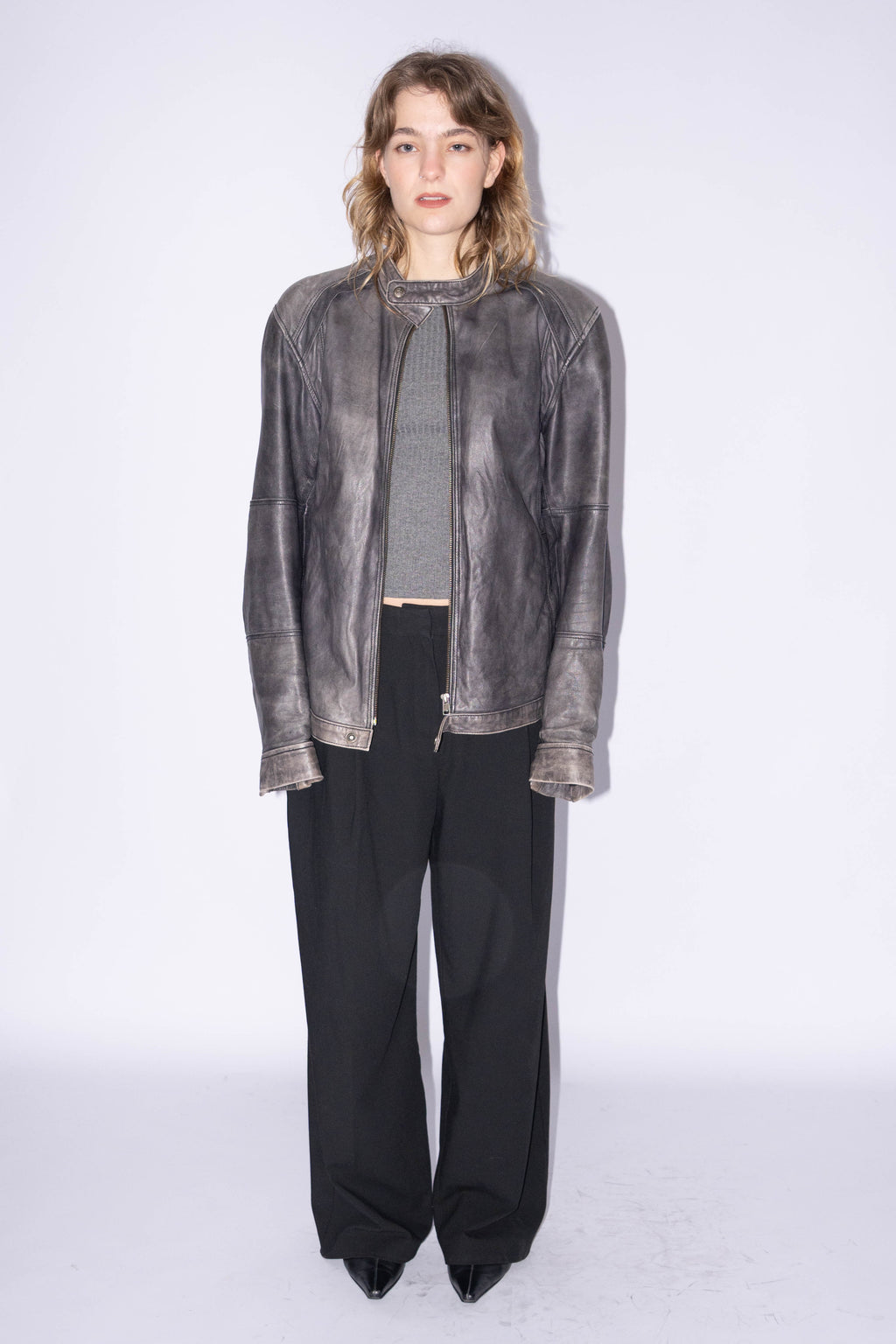 Grey Biker Jacket Washed Effect - Size L