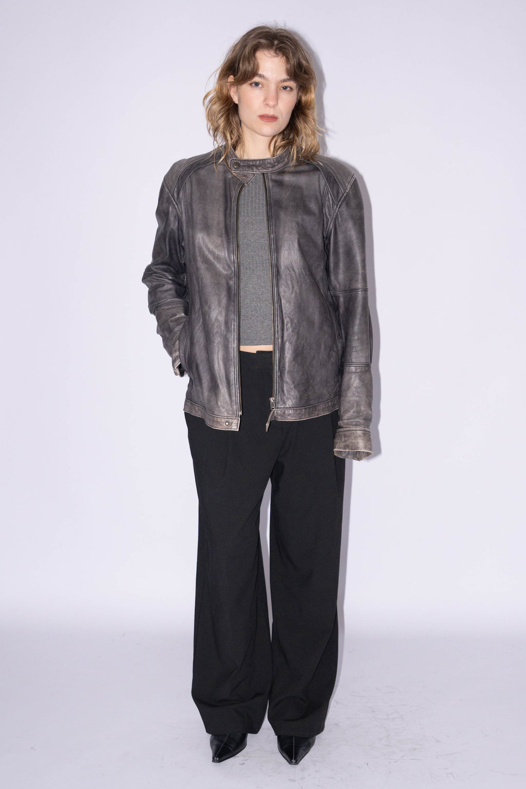 Grey Biker Jacket Washed Effect - Size L