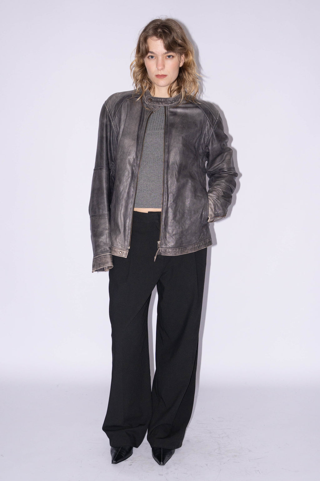 Grey Biker Jacket Washed Effect - Size L