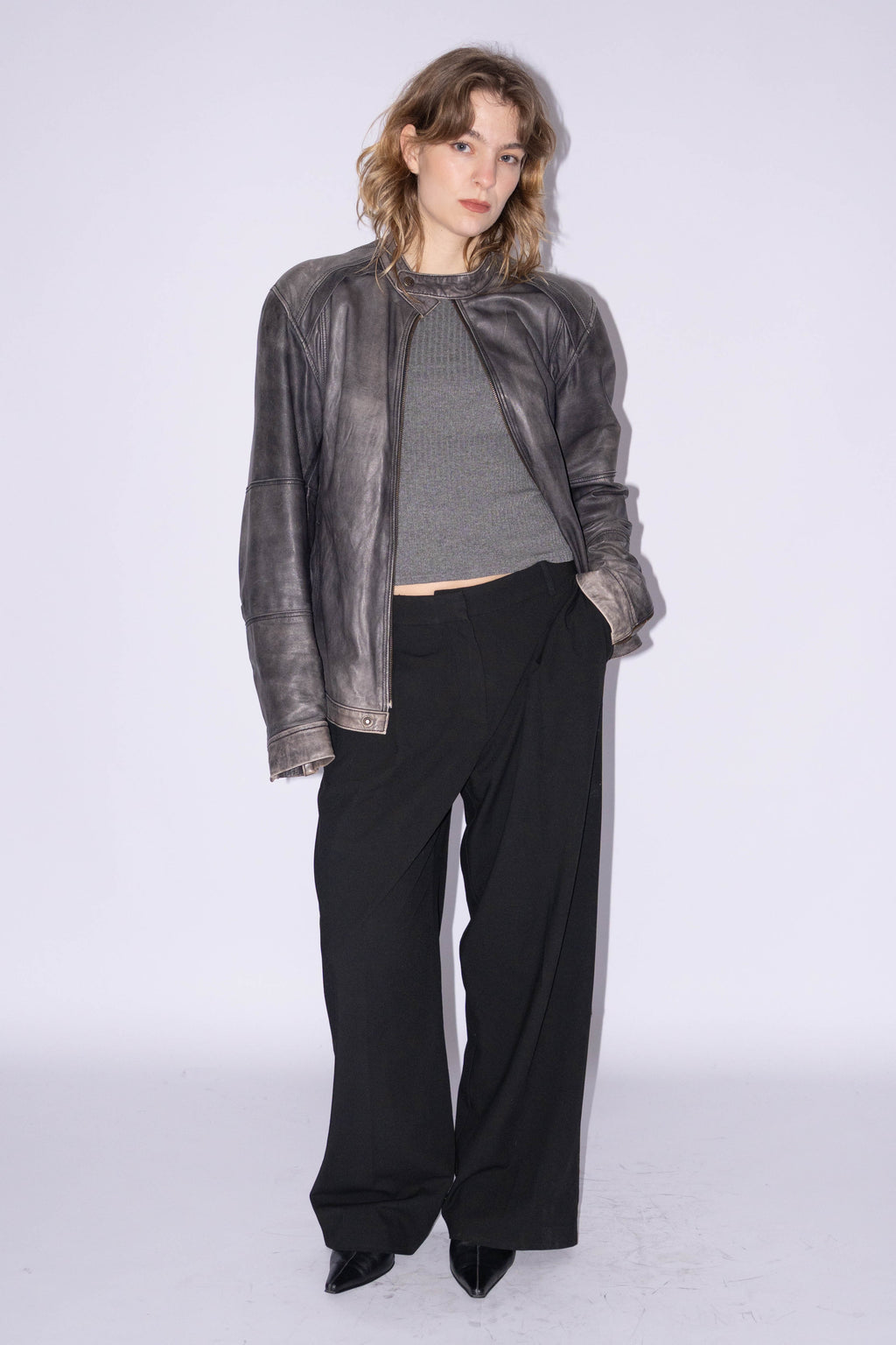 Grey Biker Jacket Washed Effect - Size L