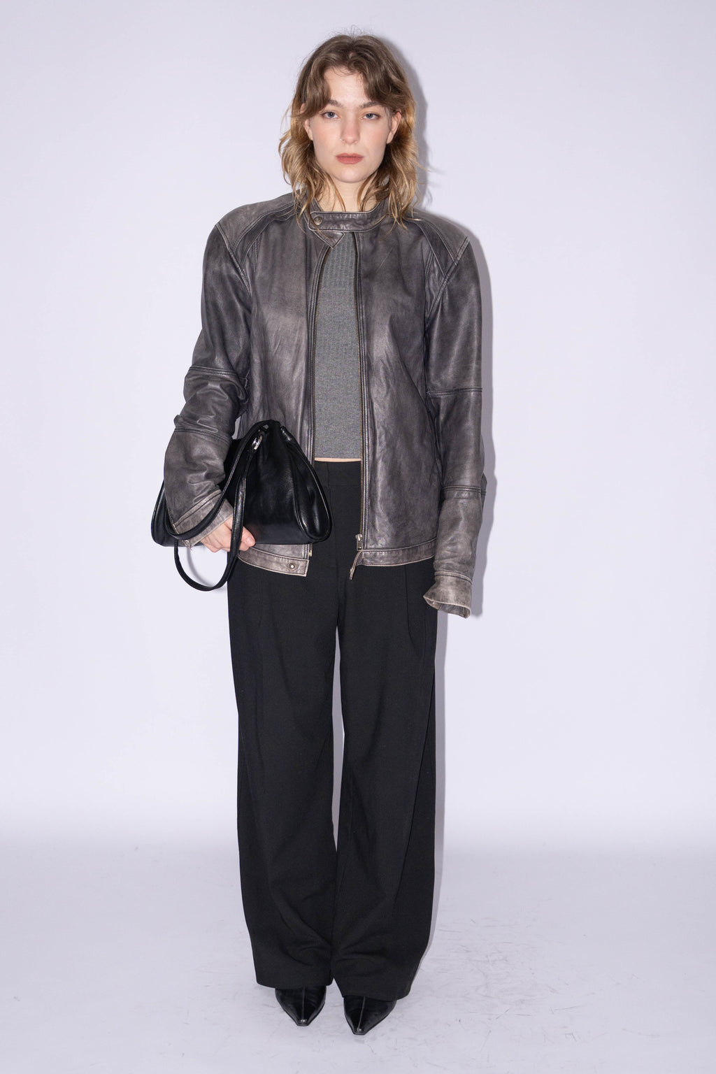 Grey Biker Jacket Washed Effect - Size L