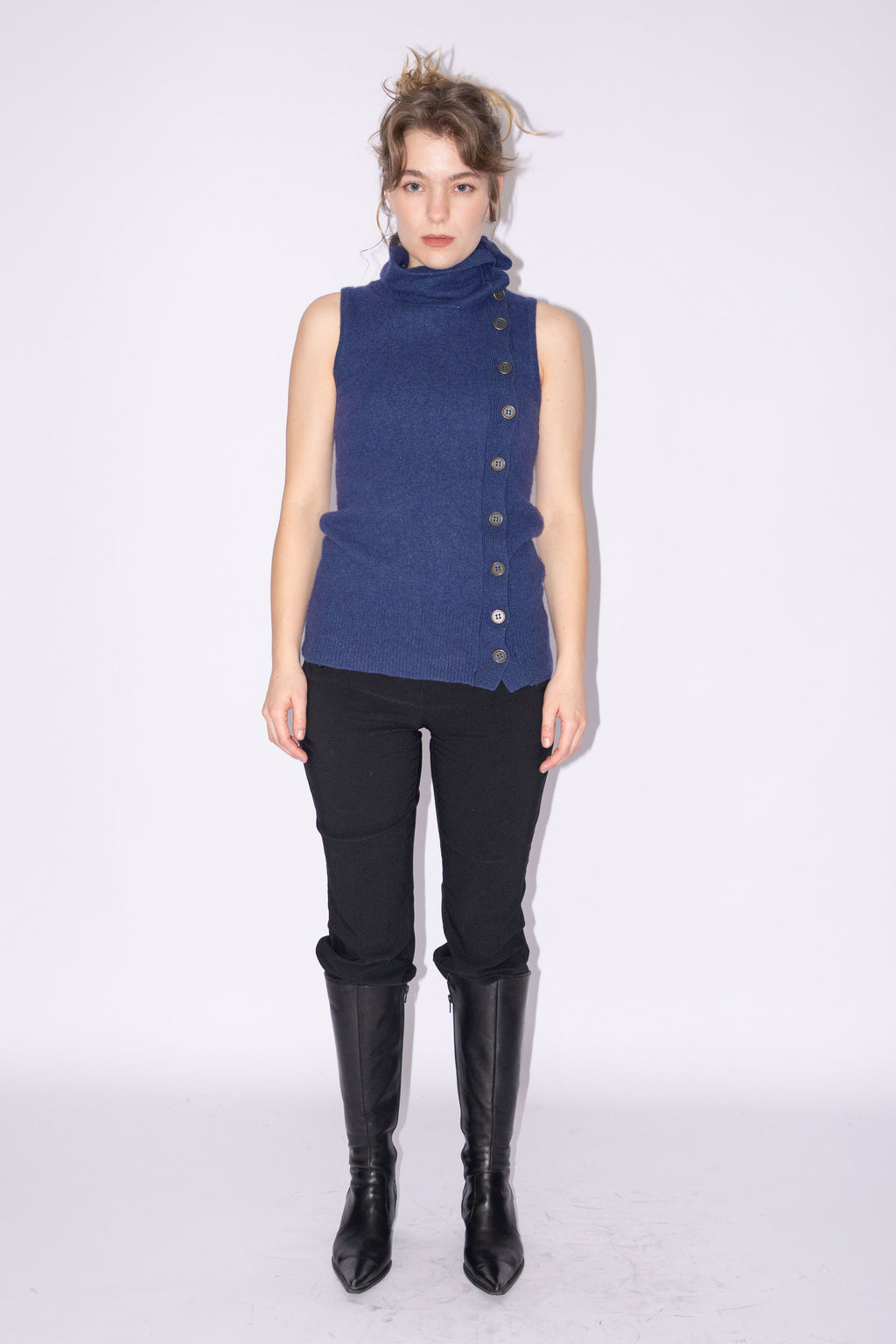 Blue Knit Top Wool Asymmetric Buttons - Size S